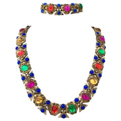 20th Century Etruscan Style Gold Molded Glass Choker Necklace 
Bracelet S/2