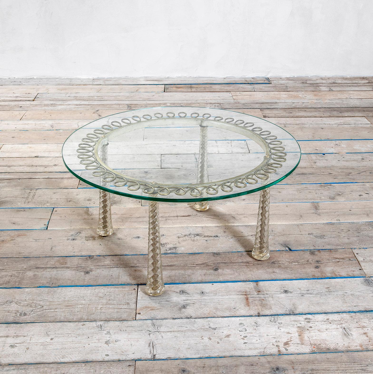 Art déco Table basse en laiton et verre spiralé de Murano du 20e siècle, Eugenio Quarti, années 30 en vente