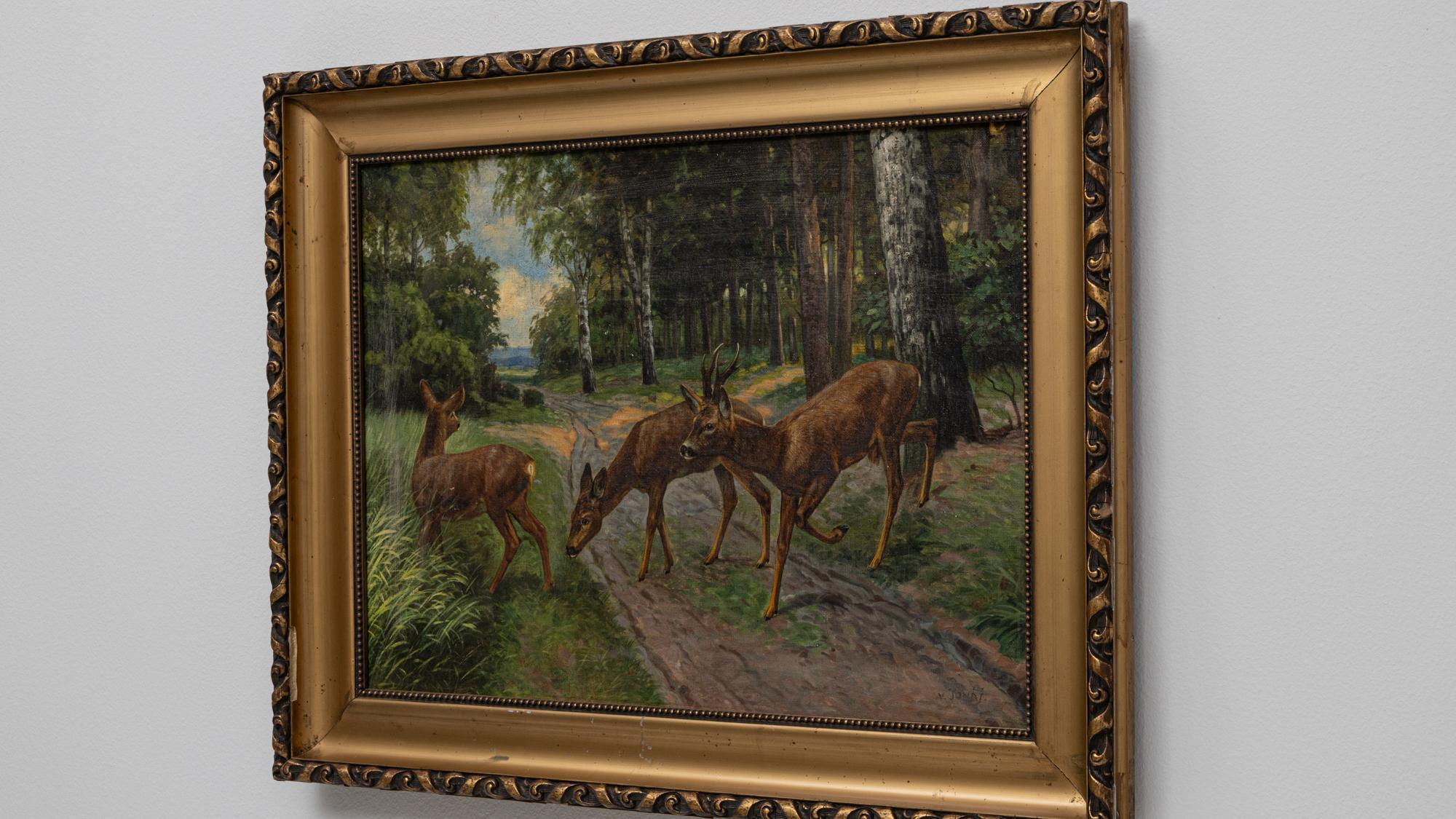 20th Century European Deer Painting With Wooden Frame In Good Condition For Sale In High Point, NC