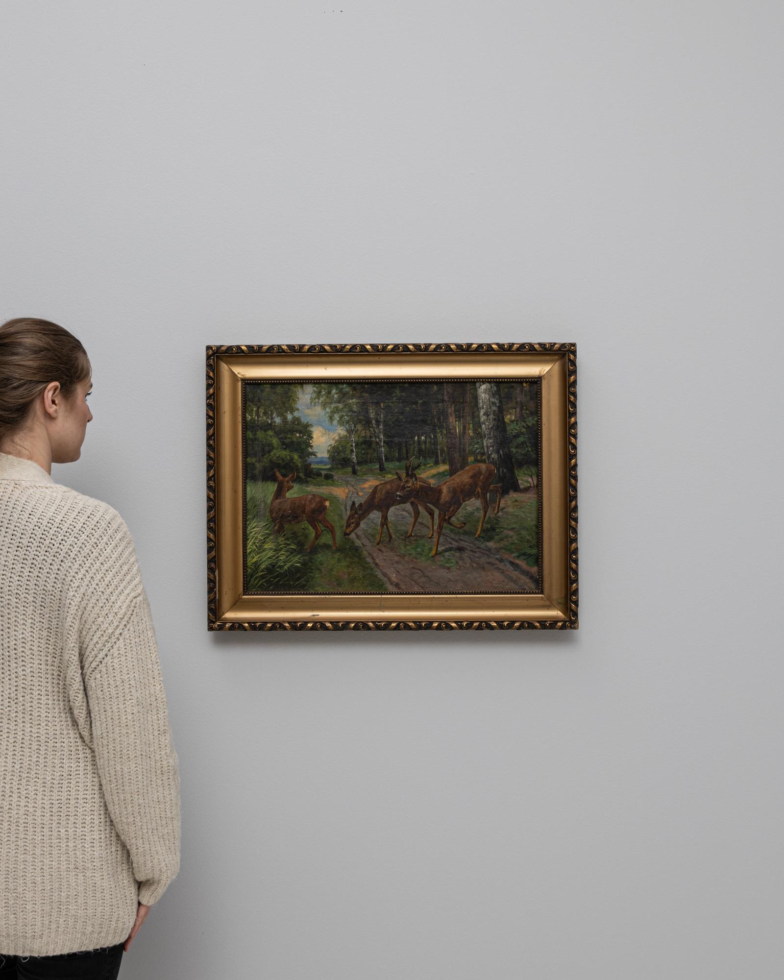 20th Century European Deer Painting With Wooden Frame For Sale 2