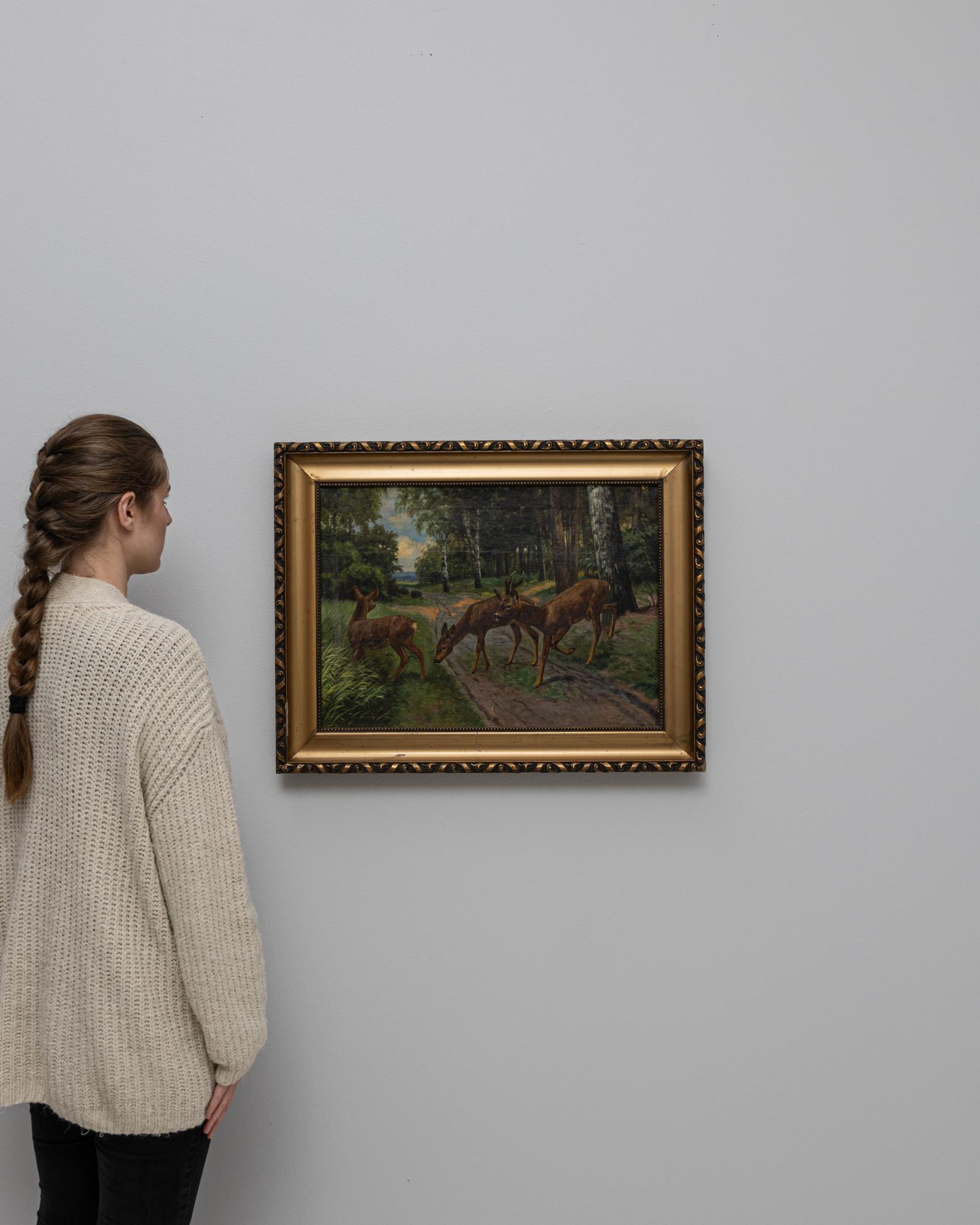 20th Century European Deer Painting With Wooden Frame For Sale 4
