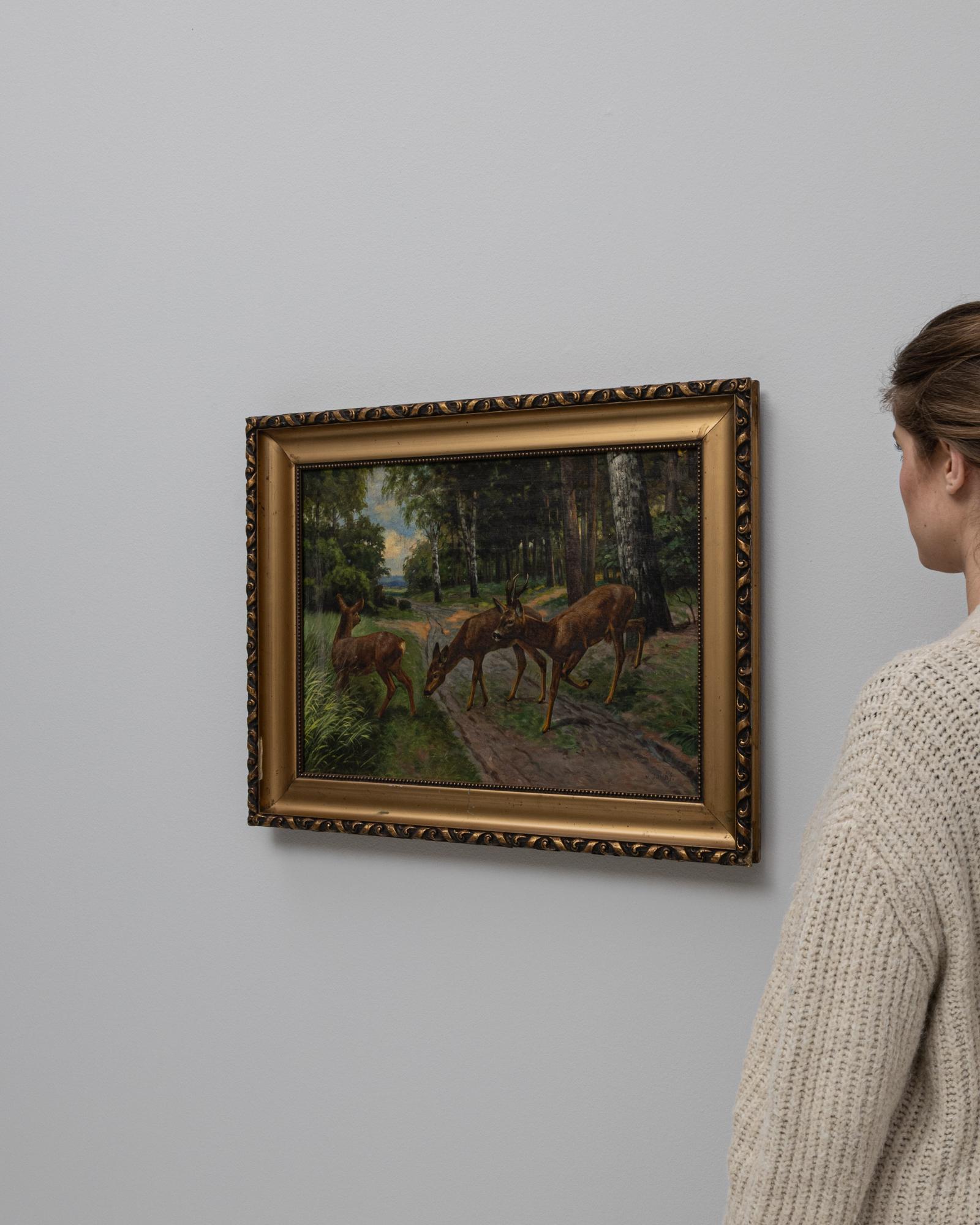 20th Century European Deer Painting With Wooden Frame For Sale 6