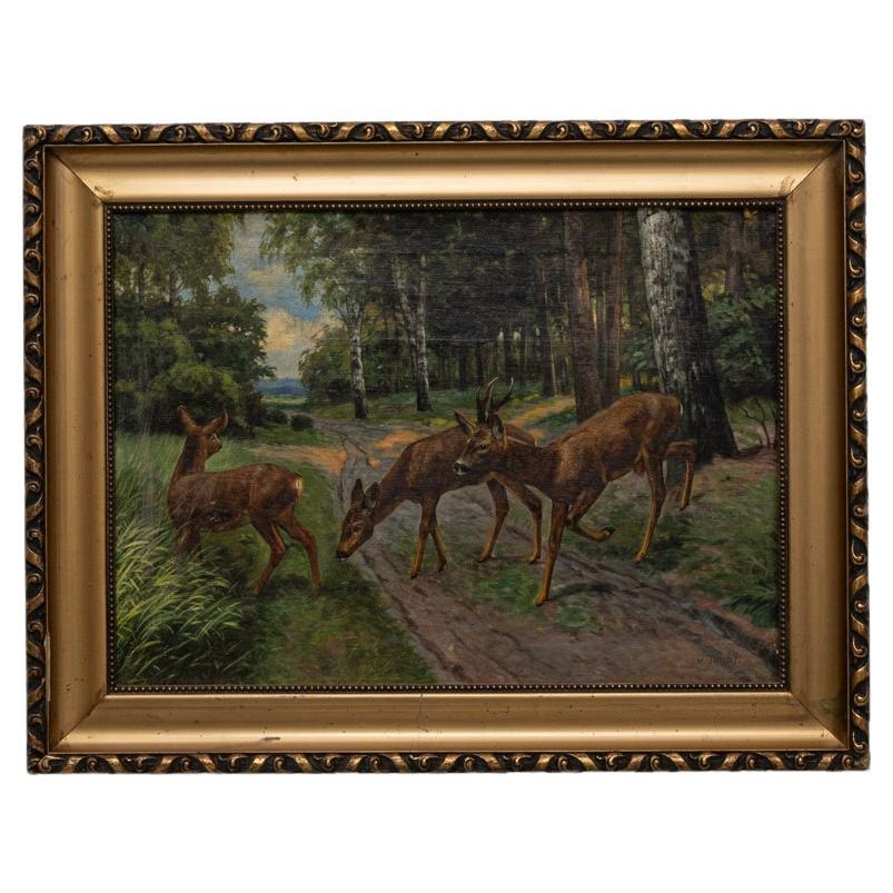 20th Century European Deer Painting With Wooden Frame