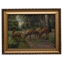 20th Century European Deer Painting With Wooden Frame