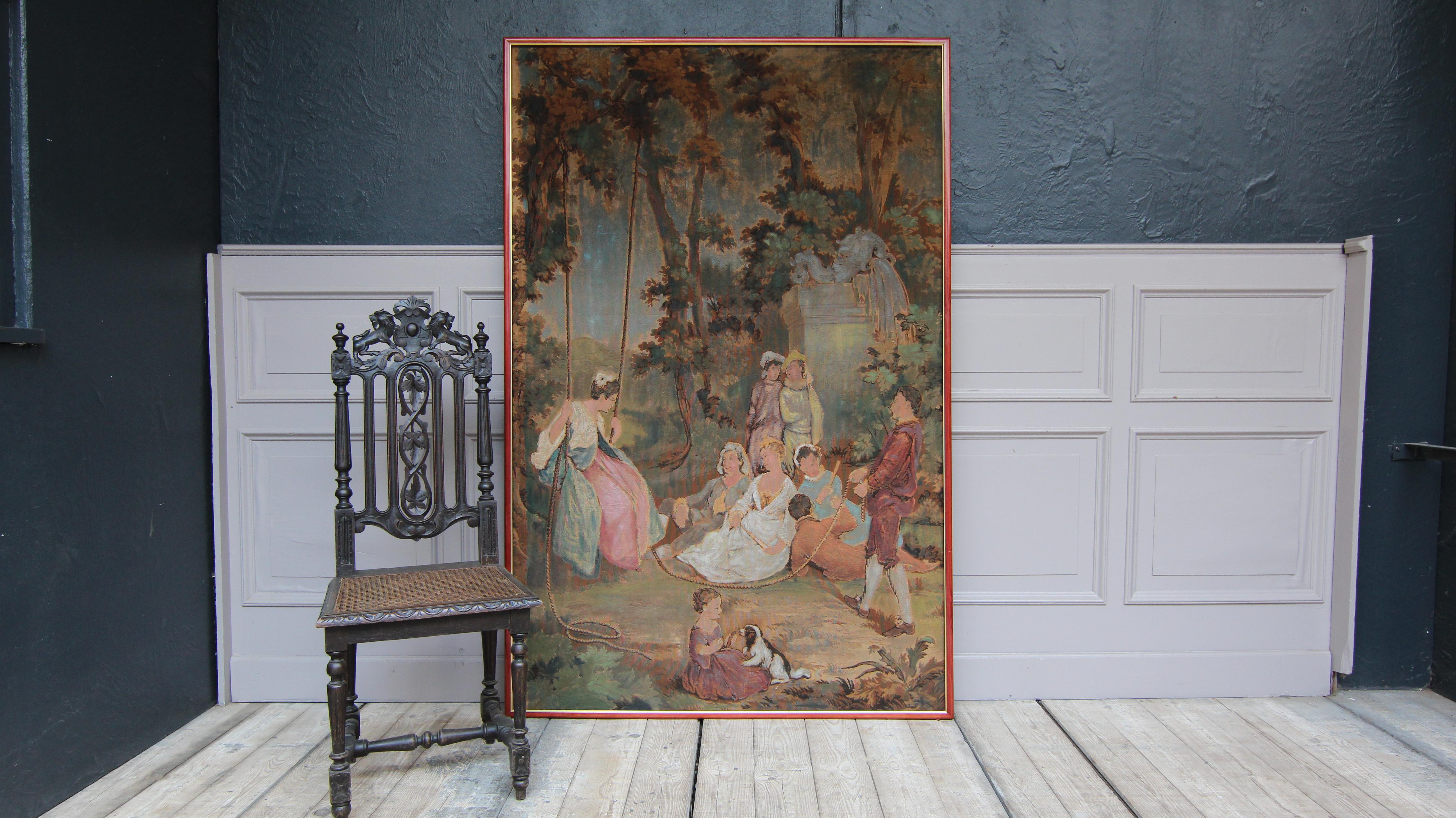 Gobelin or tapestry from the 20th century. Mounted on hardboard and newly framed. Partly re-colored.

Romantic depiction from the 18th century, presumably showing noble ladies and gentlemen having fun in the park.

Dimensions: 
185.5 cm high /