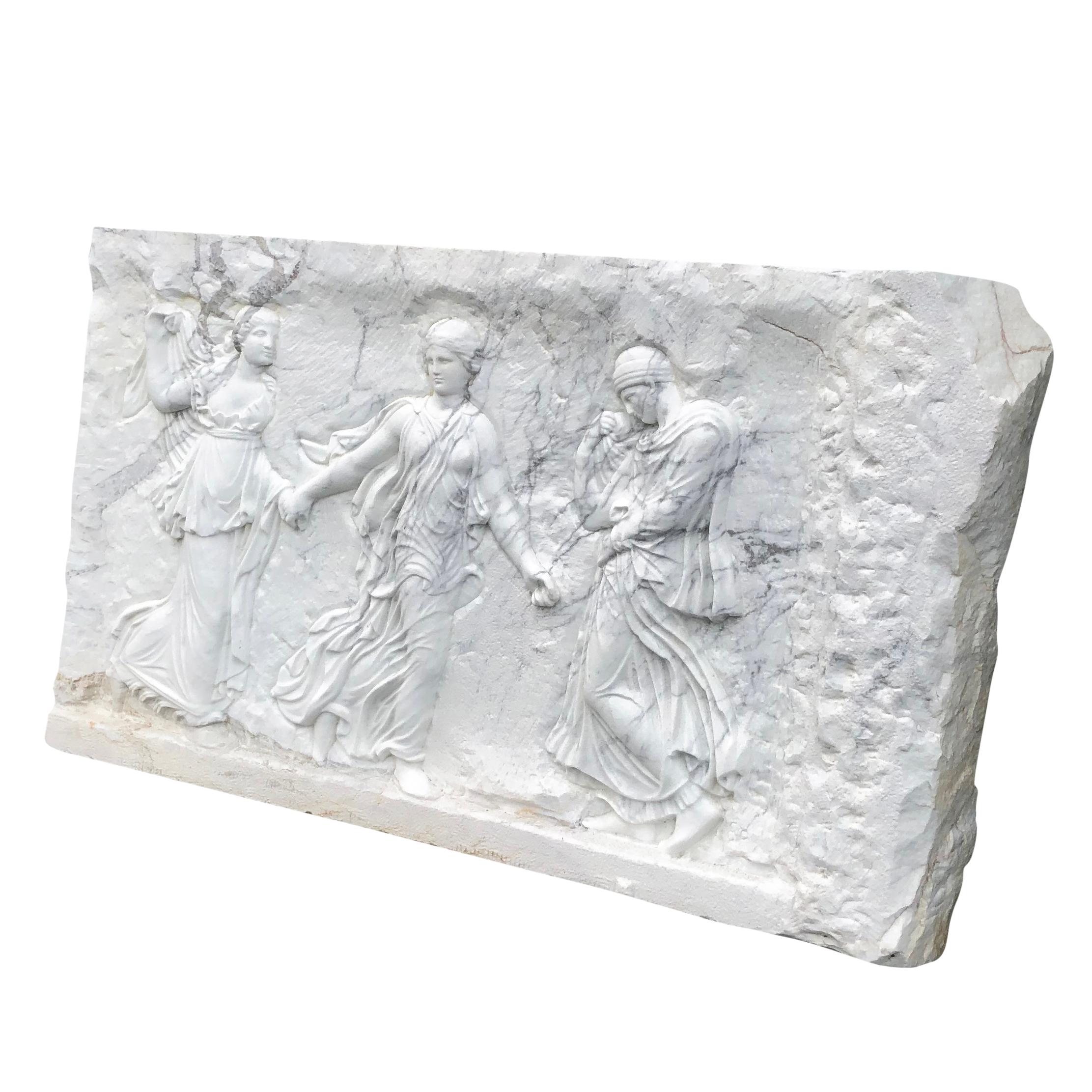 Hand-Carved 20th Century European Three Graces Statuario Marble Relief - Vintage Wall Panel For Sale