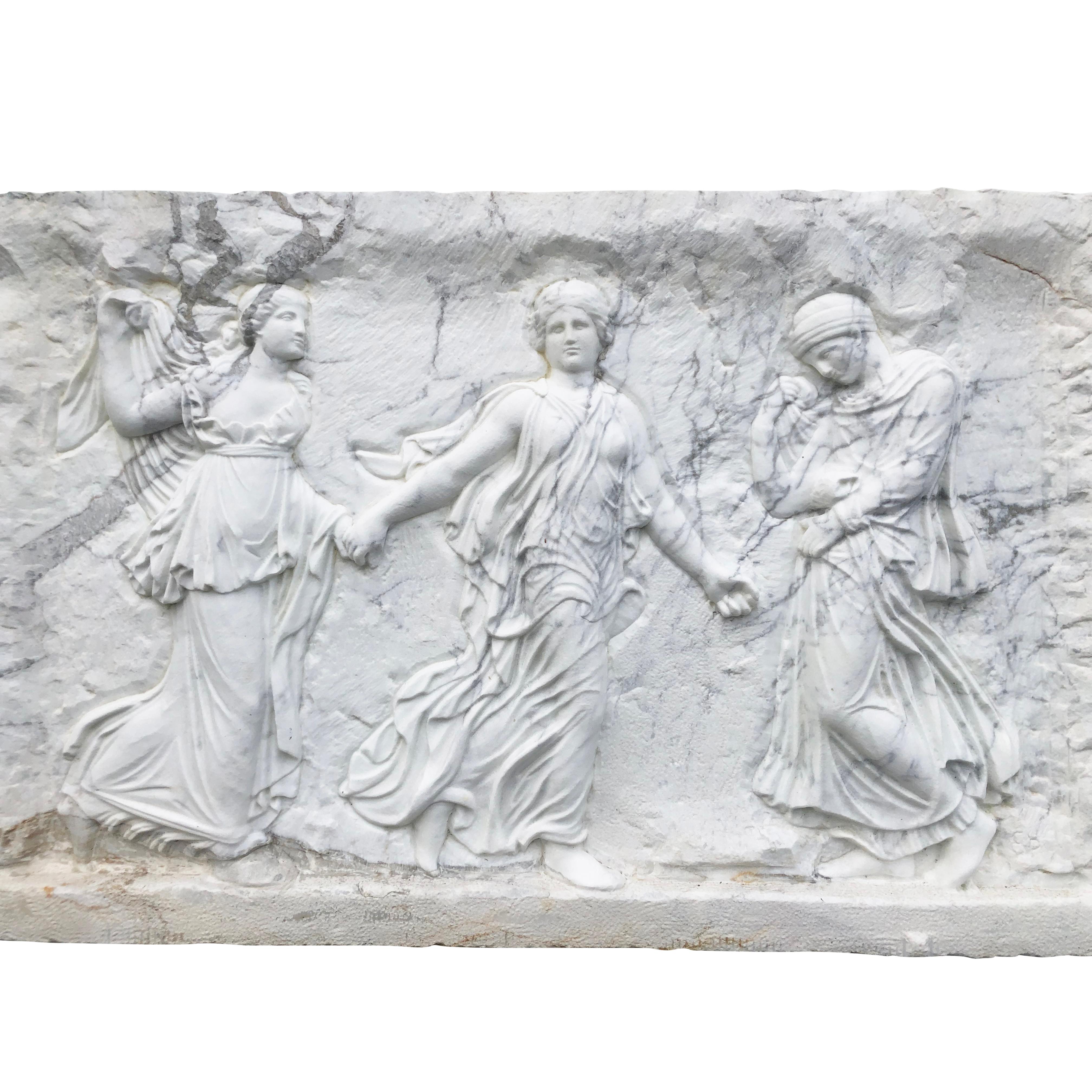 20th Century European Three Graces Statuario Marble Relief - Vintage Wall Panel In Good Condition For Sale In West Palm Beach, FL