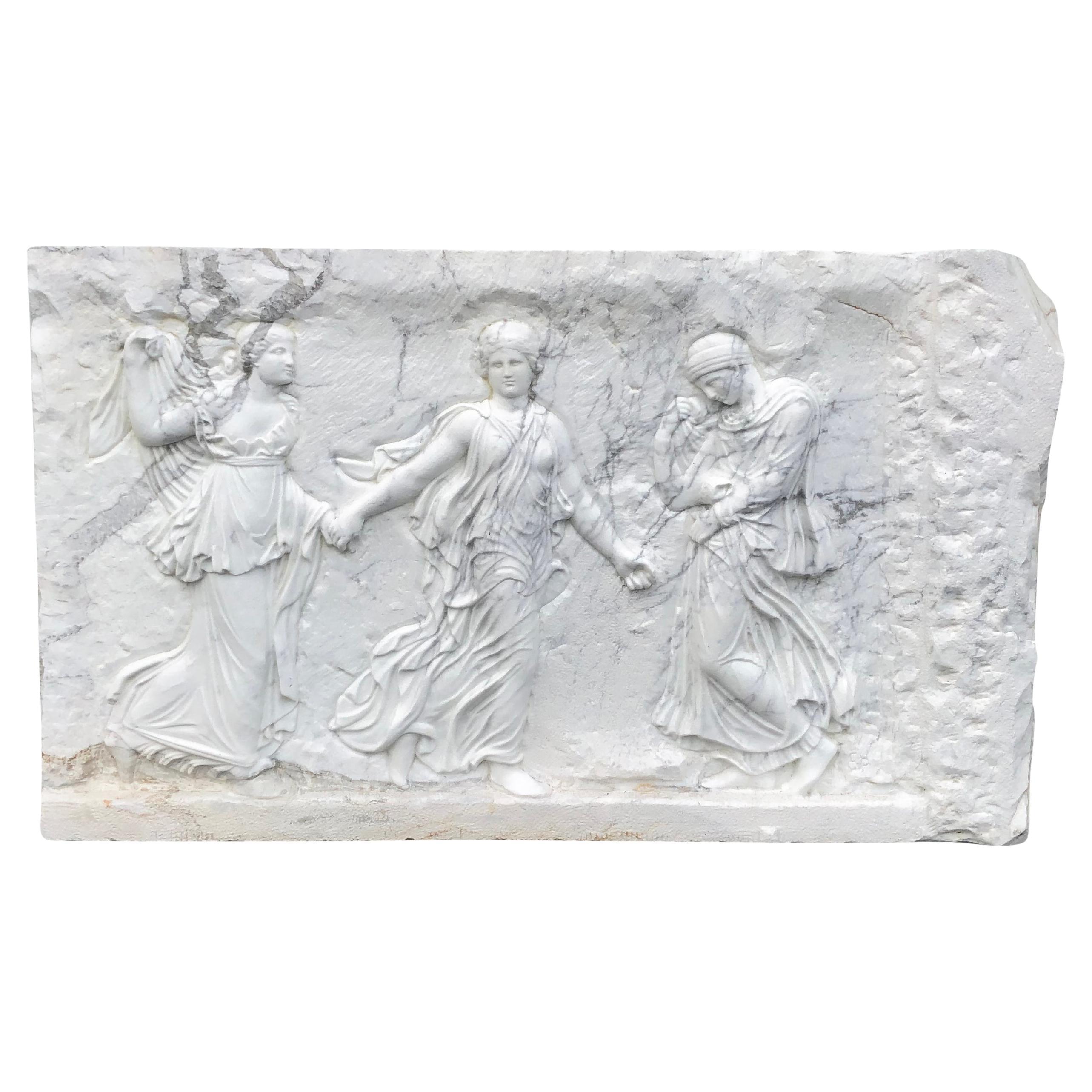 20th Century European Three Graces Statuario Marble Relief - Vintage Wall Panel
