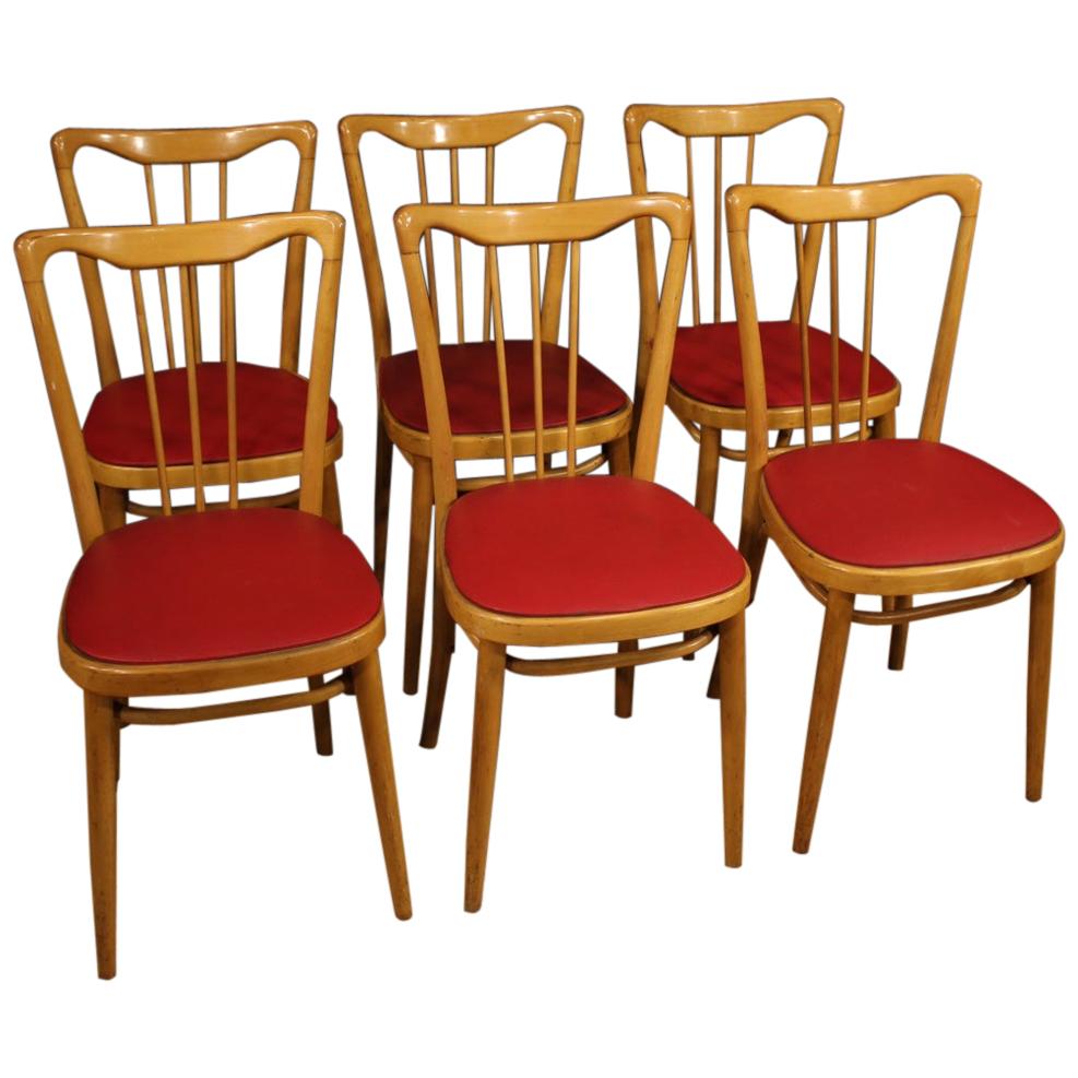 6 Chaises de design italien en bois exotique et faux cuir rouge:: 1960