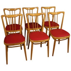 Retro 20th Century Exotic Wood and Red Faux Leather 6 Italian Design Chairs, 1960