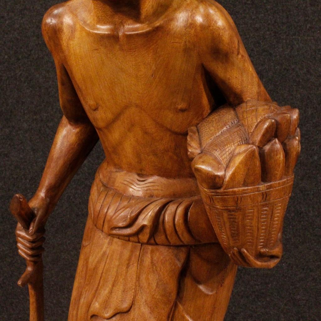 20th Century Exotic Wood Indian Old Man With Stick And Turban Sculpture, 1970 For Sale 6
