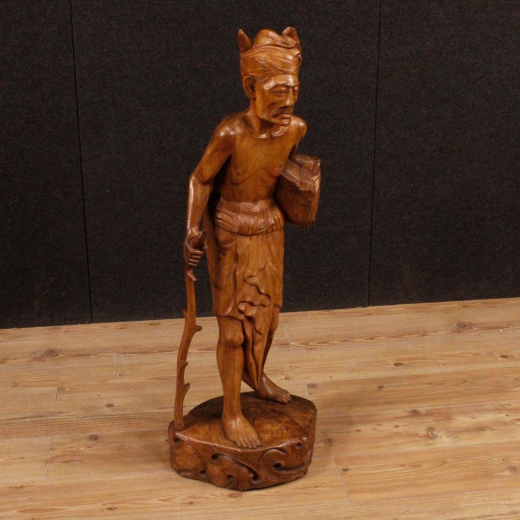 20th Century Exotic Wood Indian Old Man With Stick And Turban Sculpture, 1970 For Sale 2