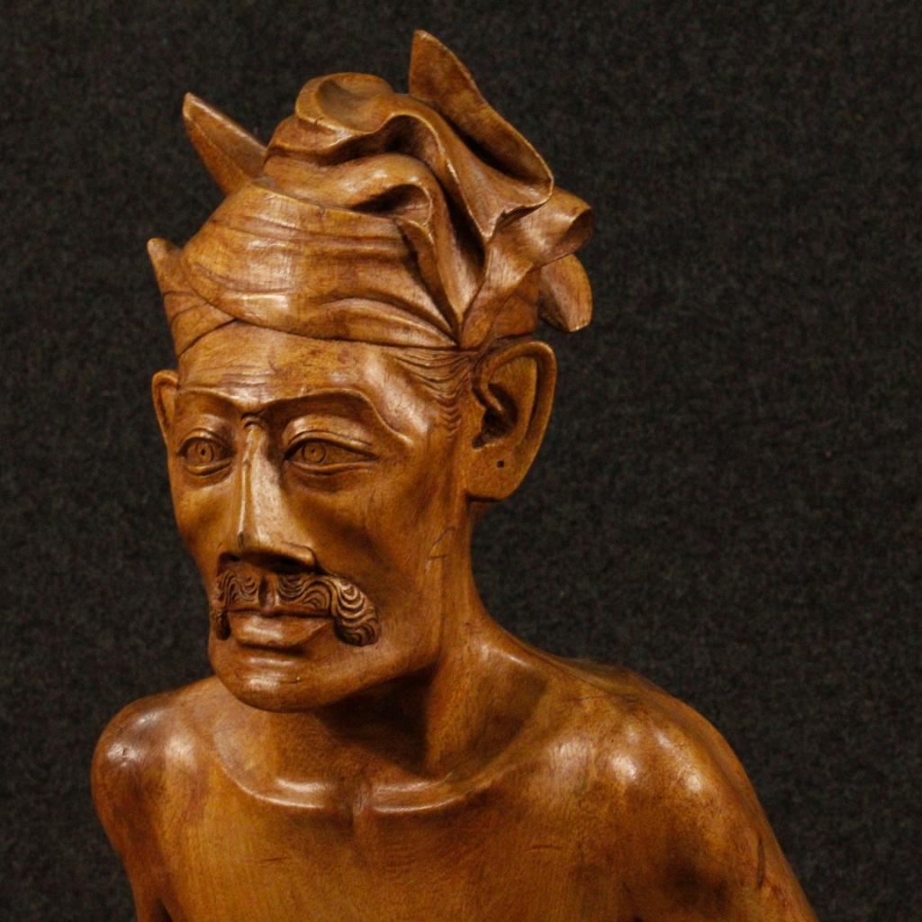20th Century Exotic Wood Indian Old Man With Stick And Turban Sculpture, 1970 For Sale 3