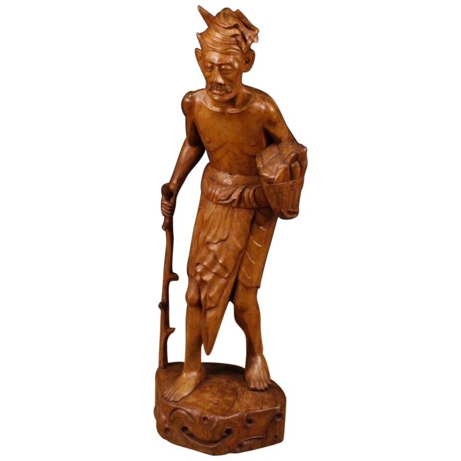 20th Century Exotic Wood Indian Old Man With Stick And Turban Sculpture, 1970 For Sale