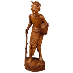 Used 20th Century Exotic Wood Indian Old Man With Stick And Turban Sculpture, 1970