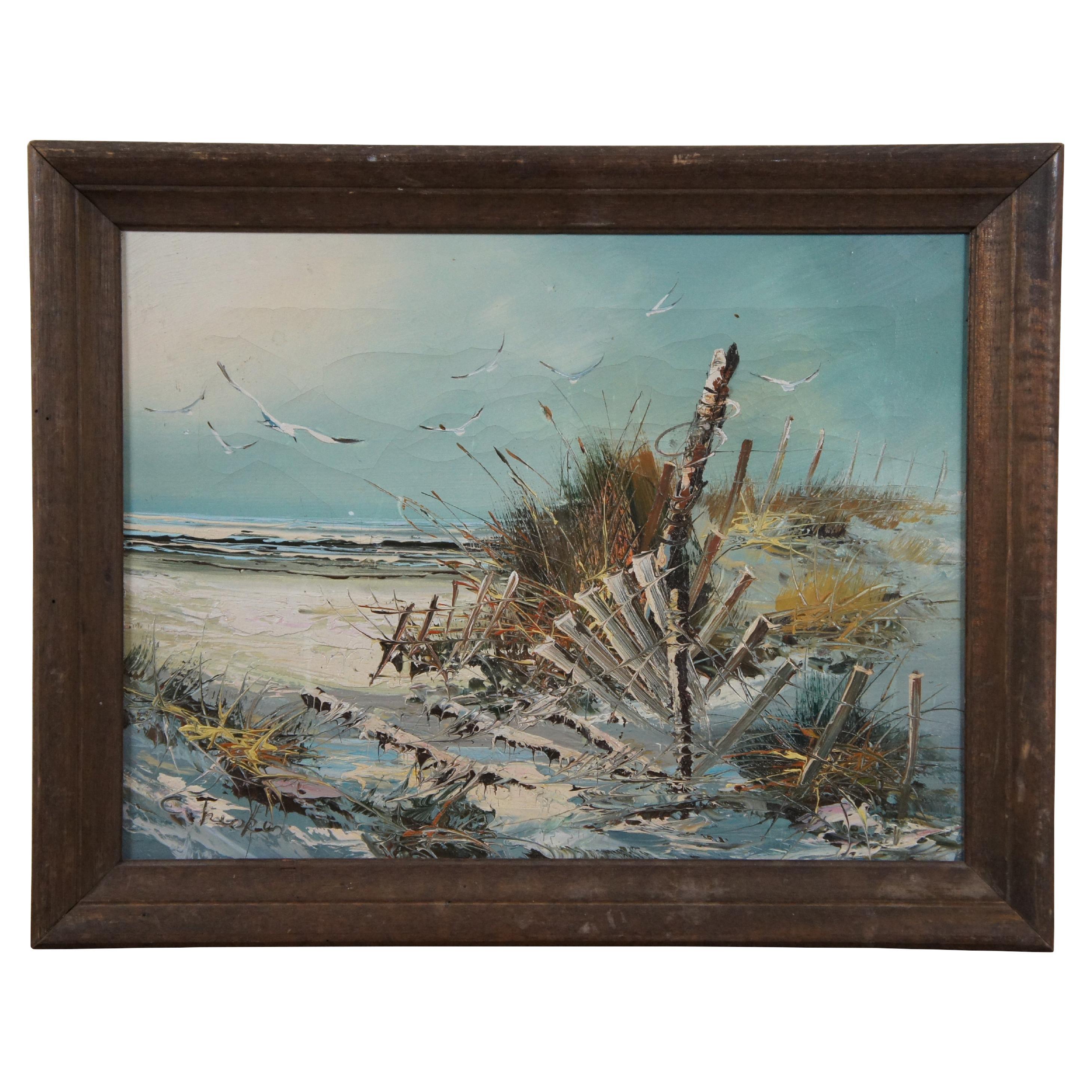 Huile sur toile expressionniste du 20e siècle, paysage côtier, mouettes de mer 18 pouces