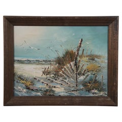 Vintage 20th Century Expressionist Oil on Canvas Coastal Landscape Painting Seagulls 18"