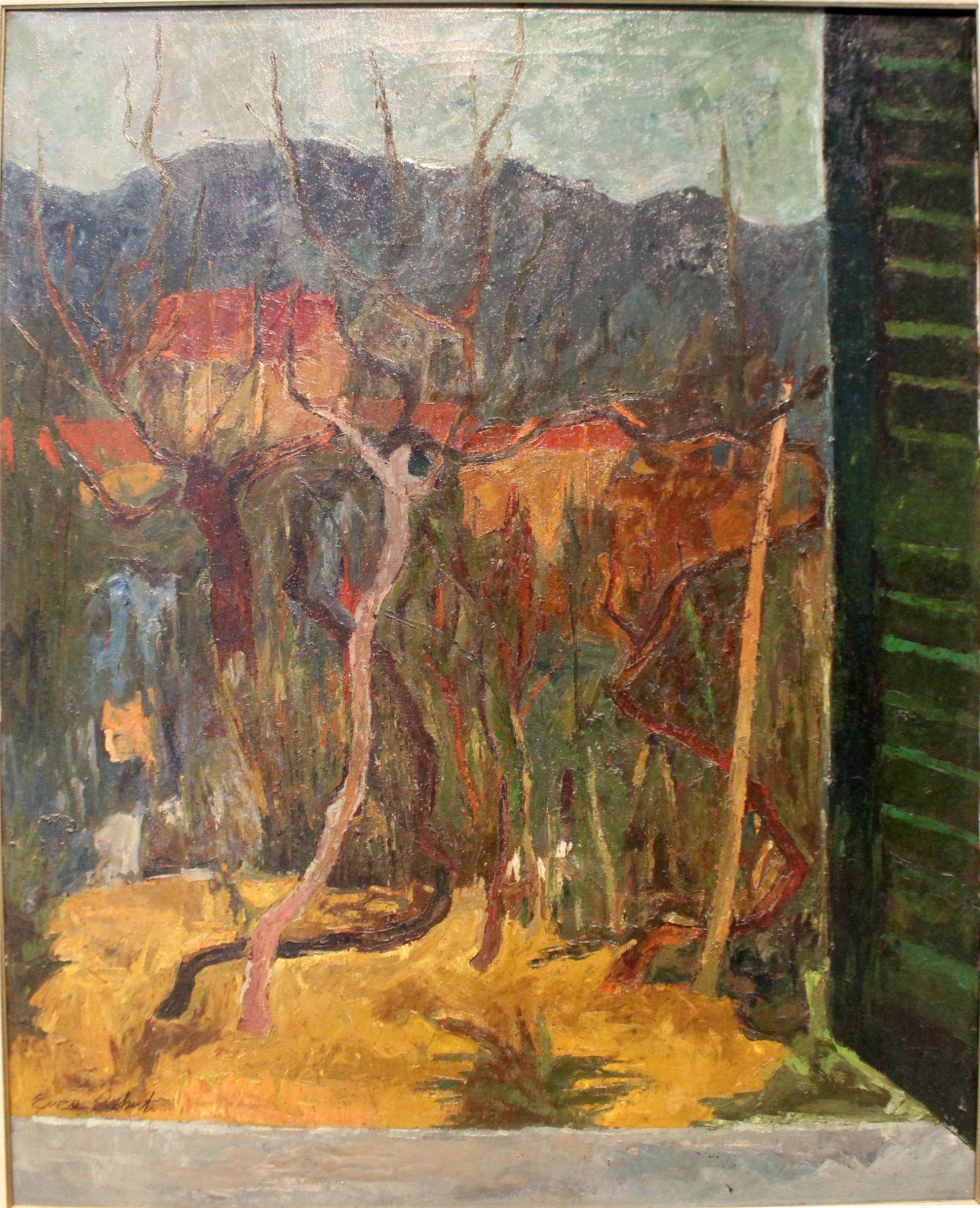 Evocative window view landscape by Italian artist Enzo Roberti (1924-1990). Rendered with strong and dramatic brushstrokes and composed of warm earth tones and cool greens. The work of a mature and highly exhibited artist, this window scene was