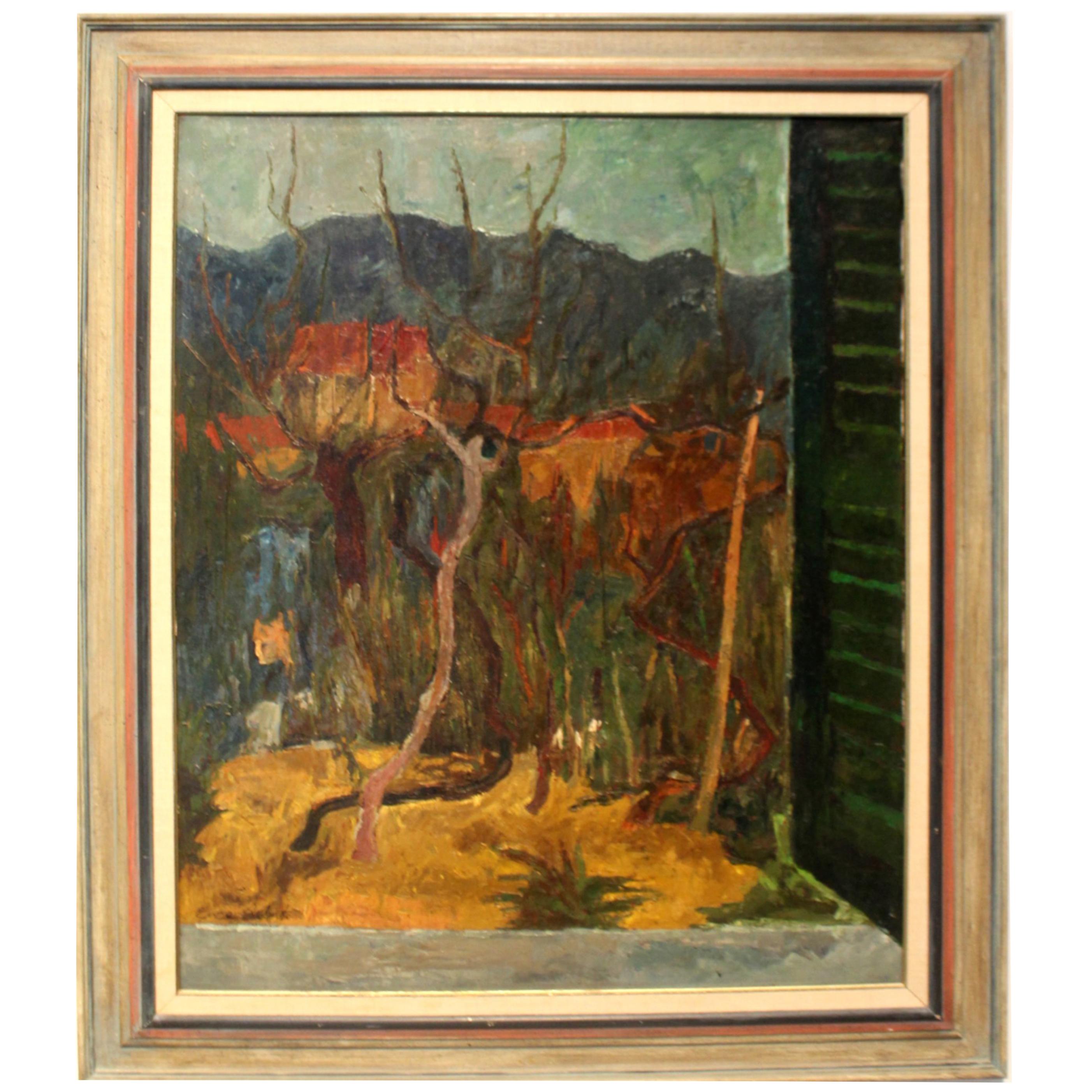 20th Century Expressionist Window Landscape by Italian Artist Enzo Roberti For Sale