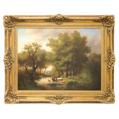 20th Century Extra Large Oil Painting on Canvas- Cows, Sheep & Lady on Horseback
