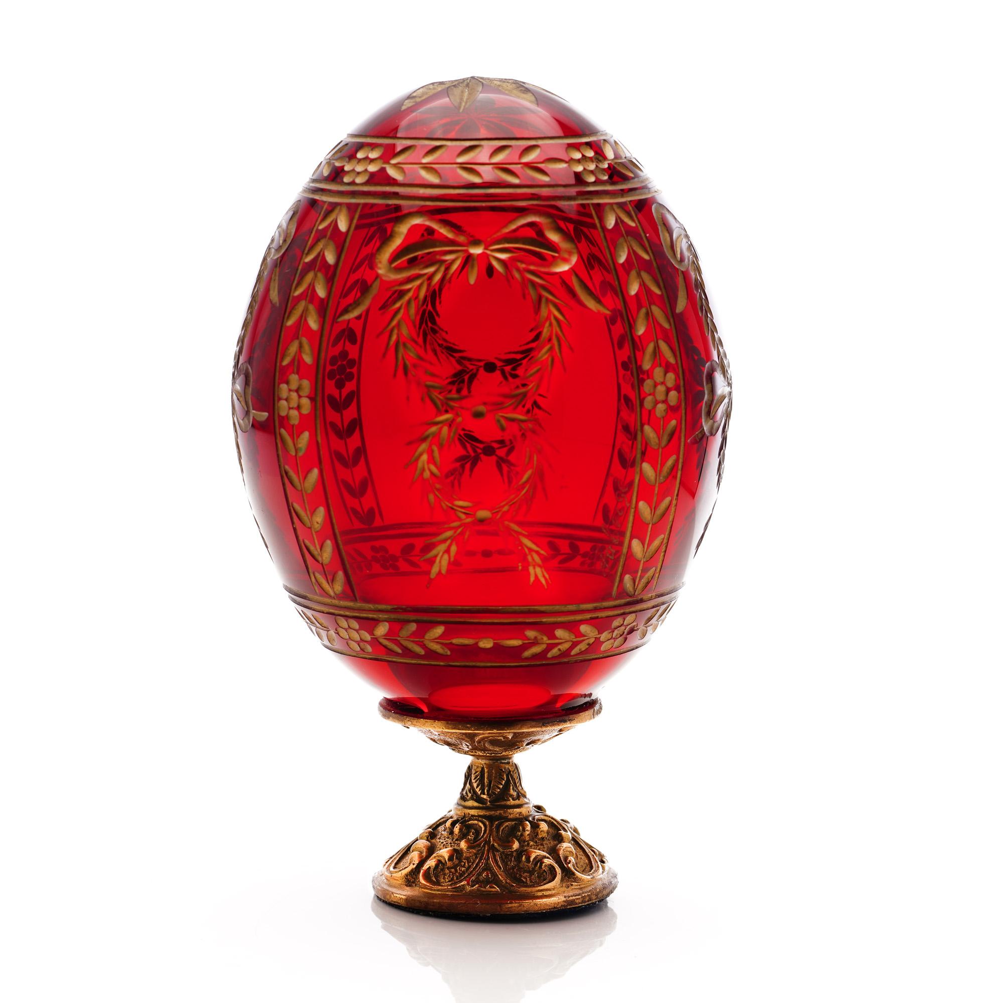 Russian 20th Century Faberge’ Red Blown Crystal Imperial Egg
