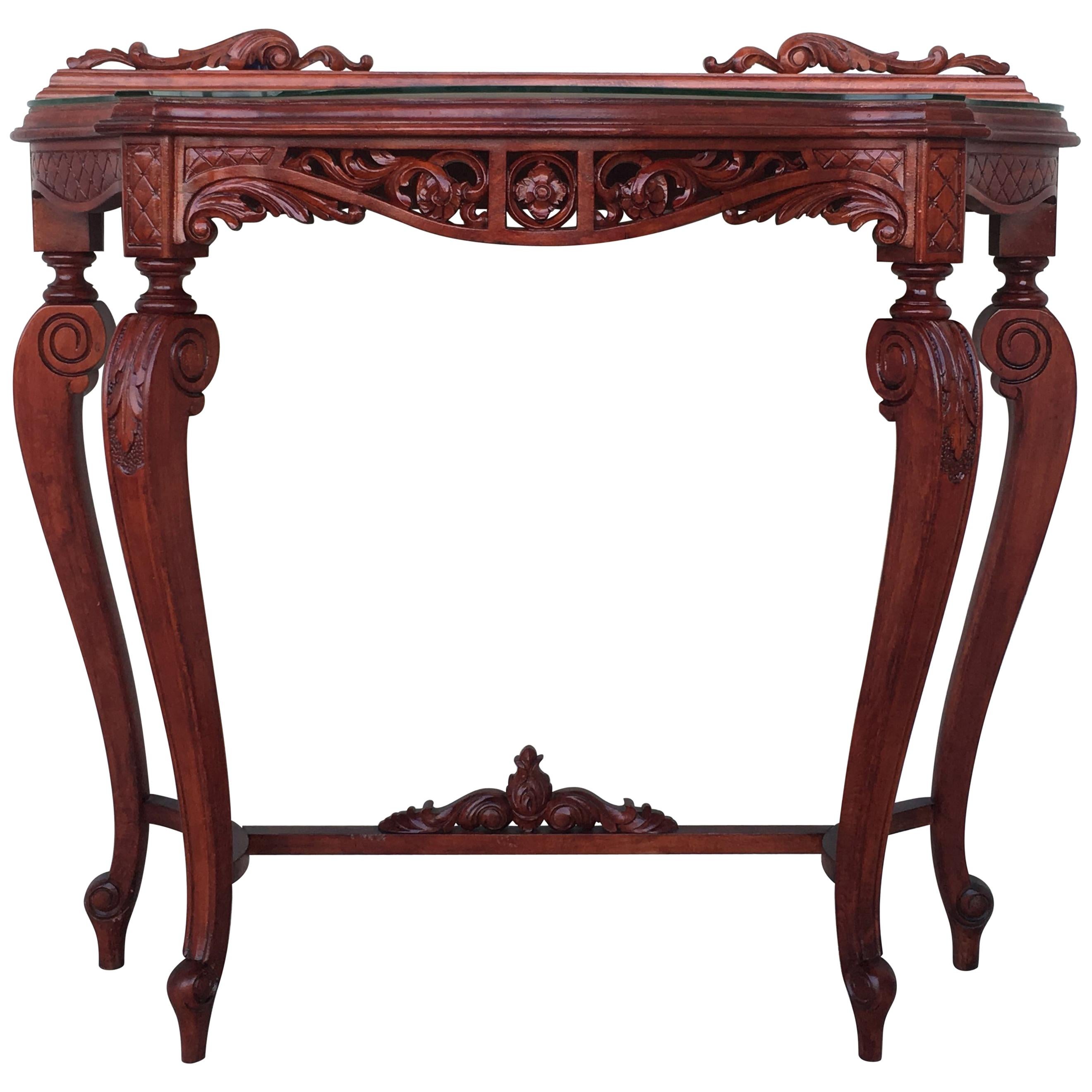 20th Century Fancy Rococo Style Italian Carved Mahogany and Glass-Top Console