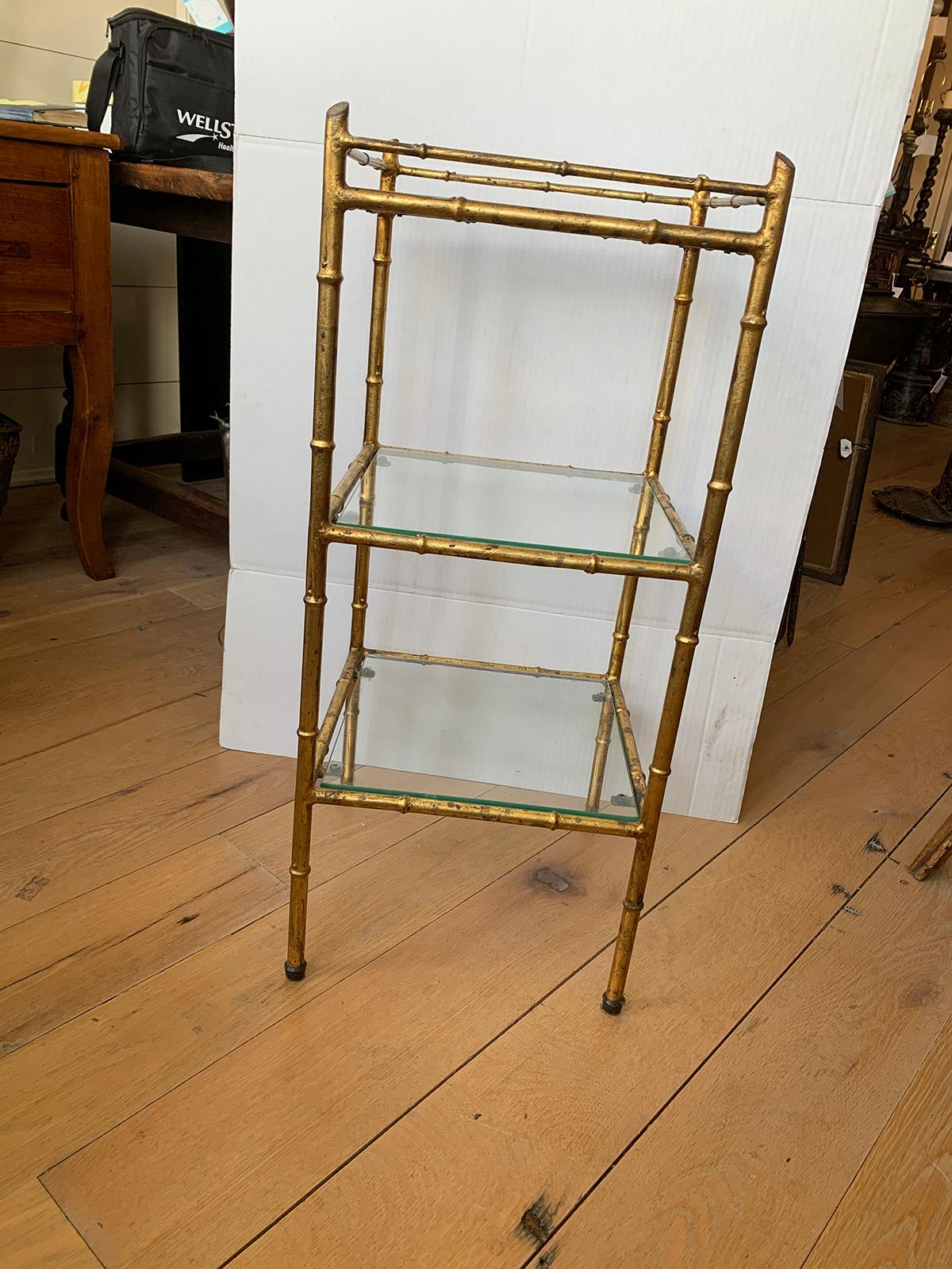 20th Century Faux Bamboo Gilt Metal Three-Tier Étagère with Glass Shelves In Good Condition In Atlanta, GA