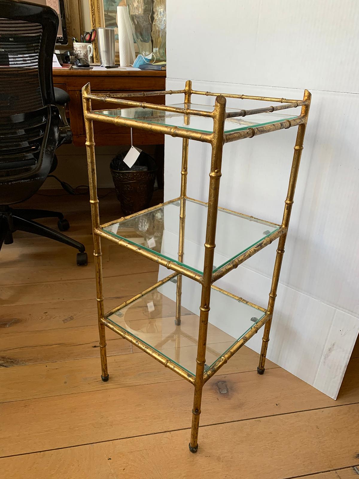 20th Century Faux Bamboo Gilt Metal Three-Tier Étagère with Glass Shelves 2