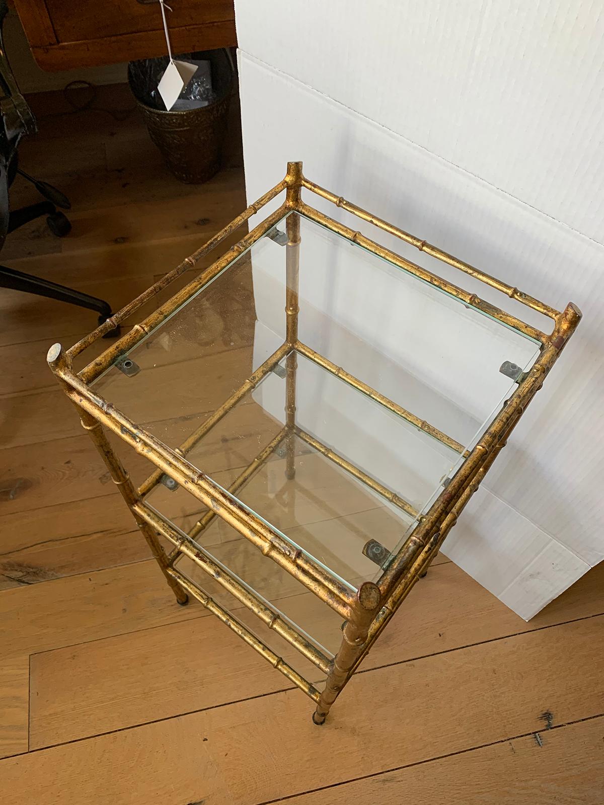 20th Century Faux Bamboo Gilt Metal Three-Tier Étagère with Glass Shelves 3