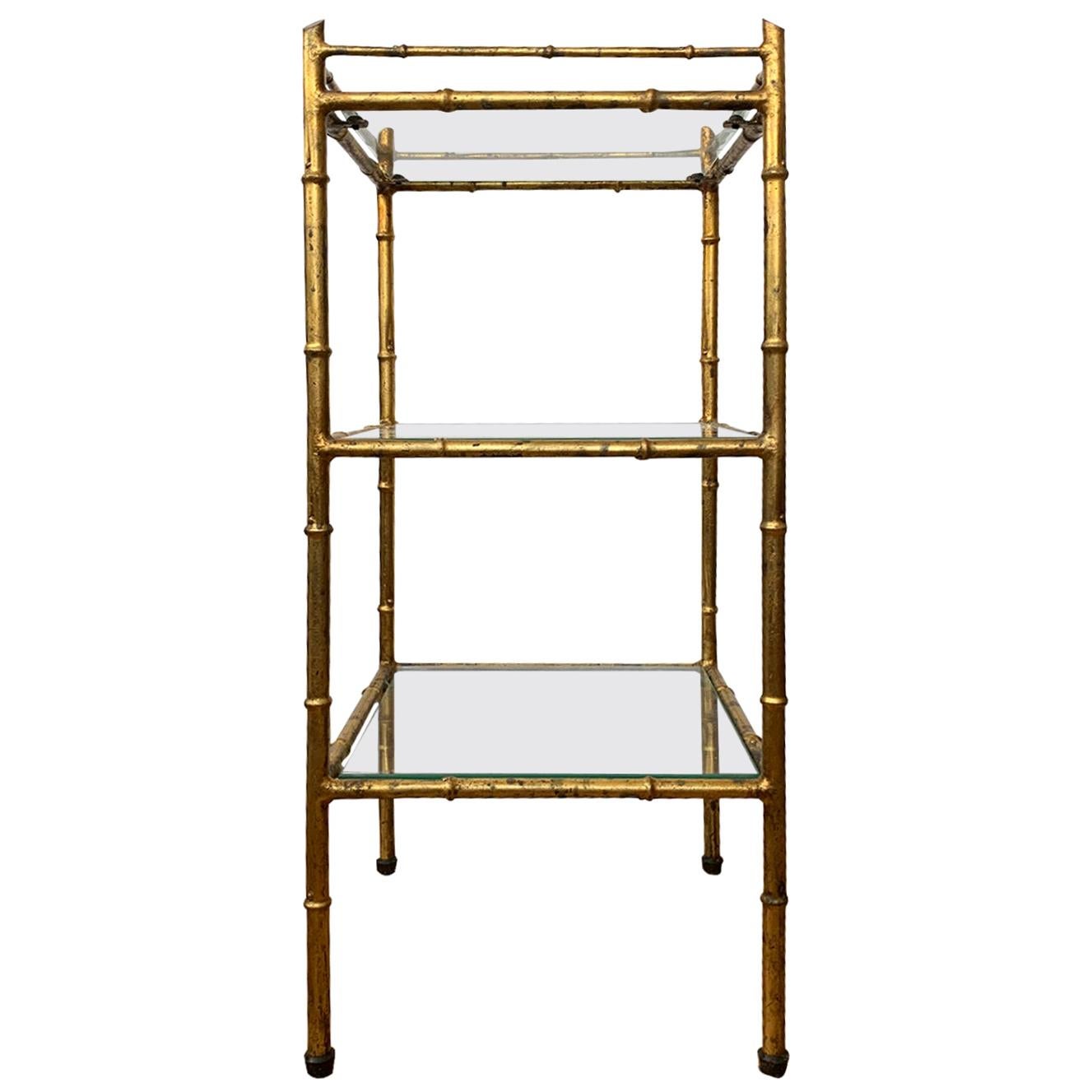 20th Century Faux Bamboo Gilt Metal Three-Tier Étagère with Glass Shelves