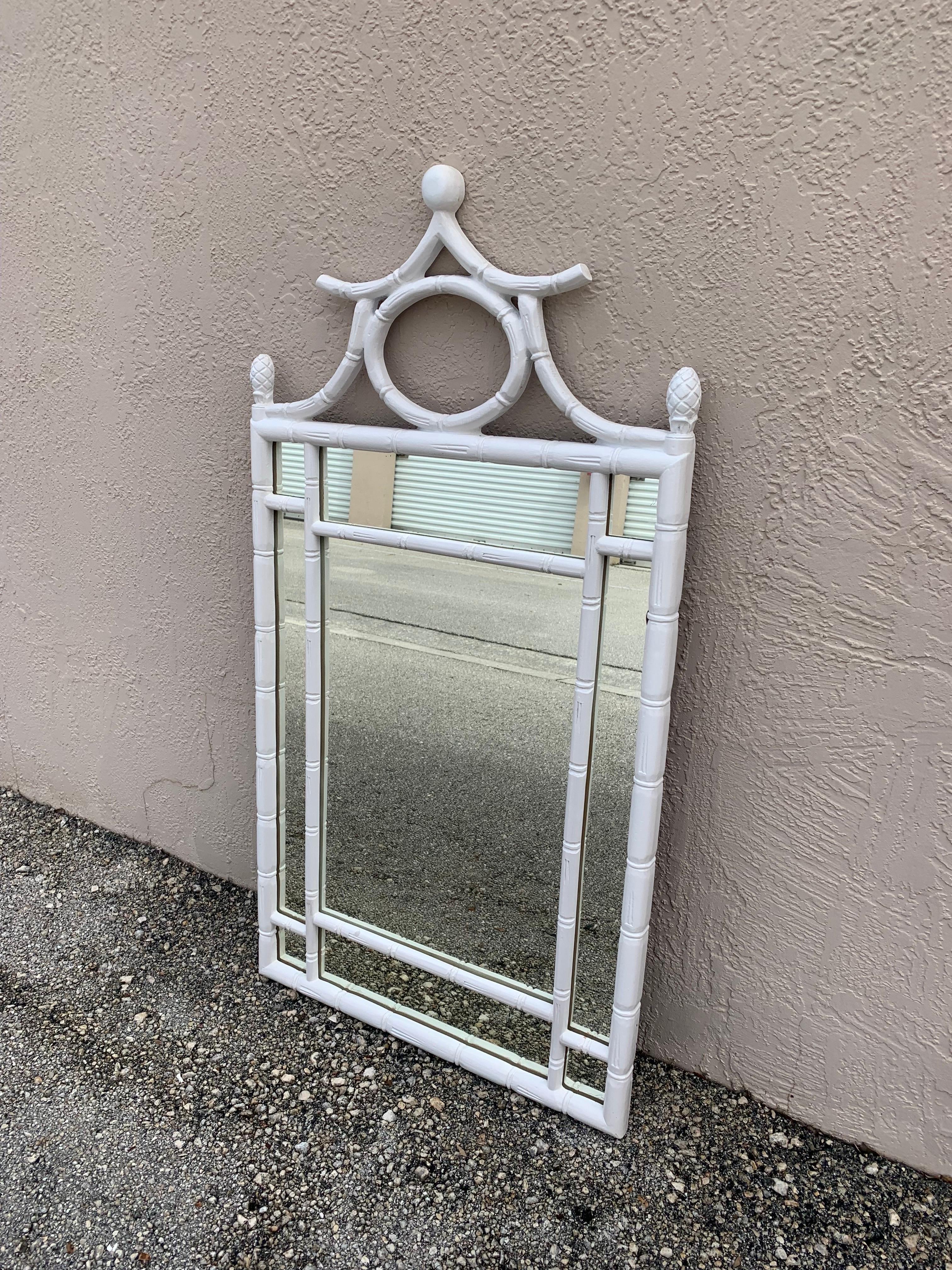 Vintage Faux Bamboo white lacquer pagoda wall mirror. Circa mid 20th century. Original finish and great design. 

24” wide 1.75” deep and 46” tall
