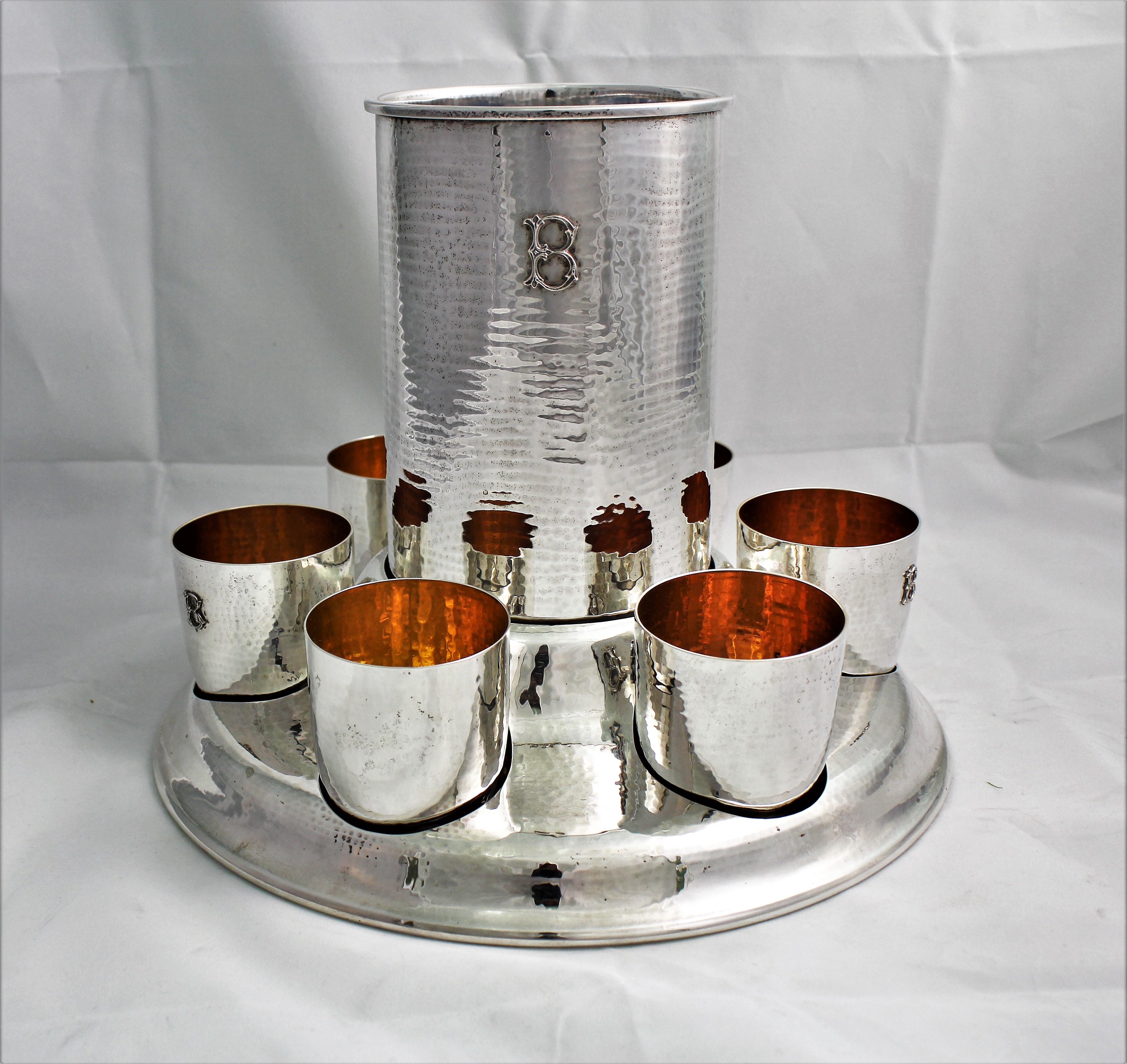 Hammered 20th Century Federico Buccellati Sterling Silver Wine Cooler Set Glasses, Italy For Sale