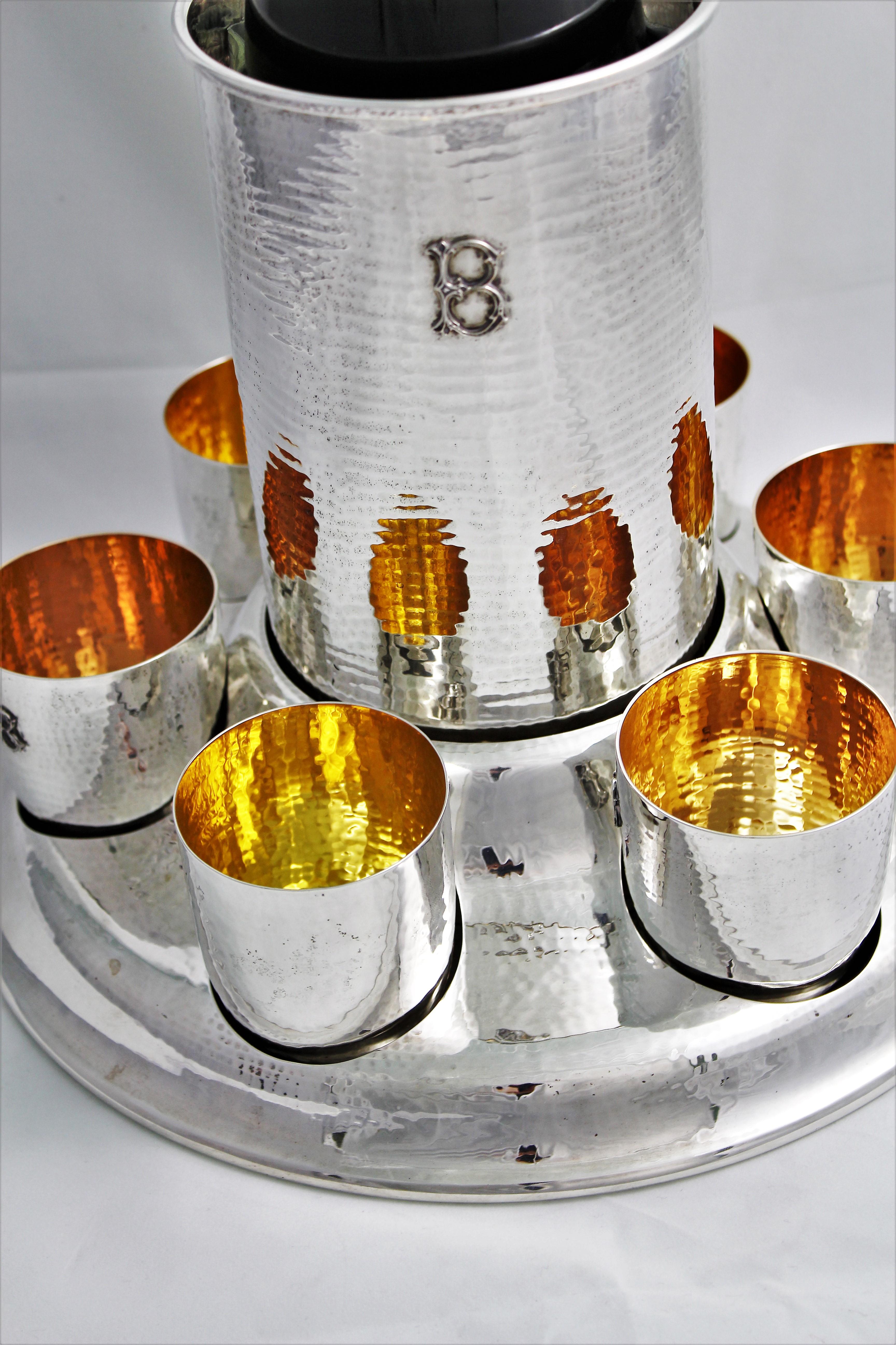 20th Century Federico Buccellati Sterling Silver Wine Cooler Set Glasses, Italy In Excellent Condition For Sale In Florence, IT