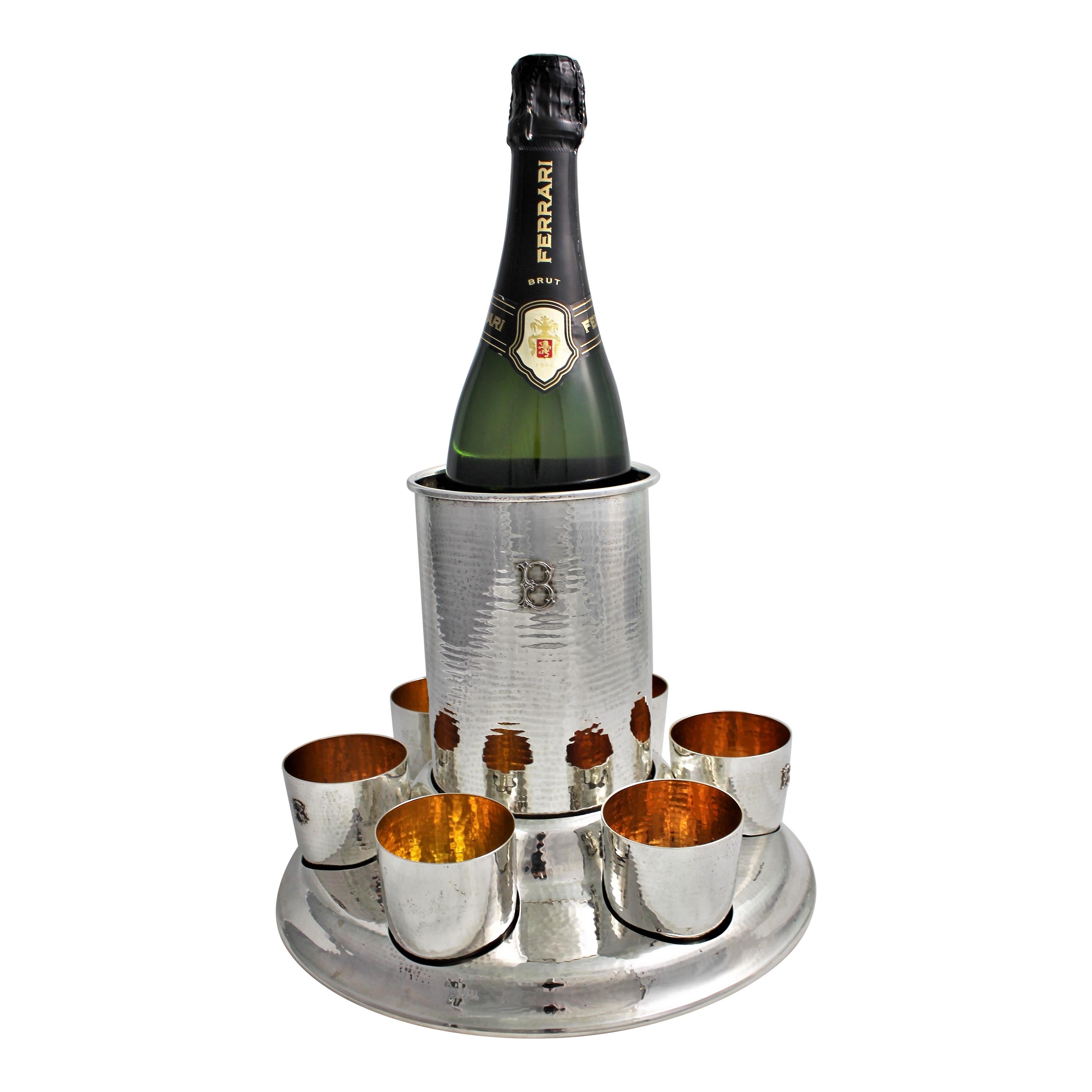 20th Century Federico Buccellati Sterling Silver Wine Cooler Set Glasses, Italy For Sale