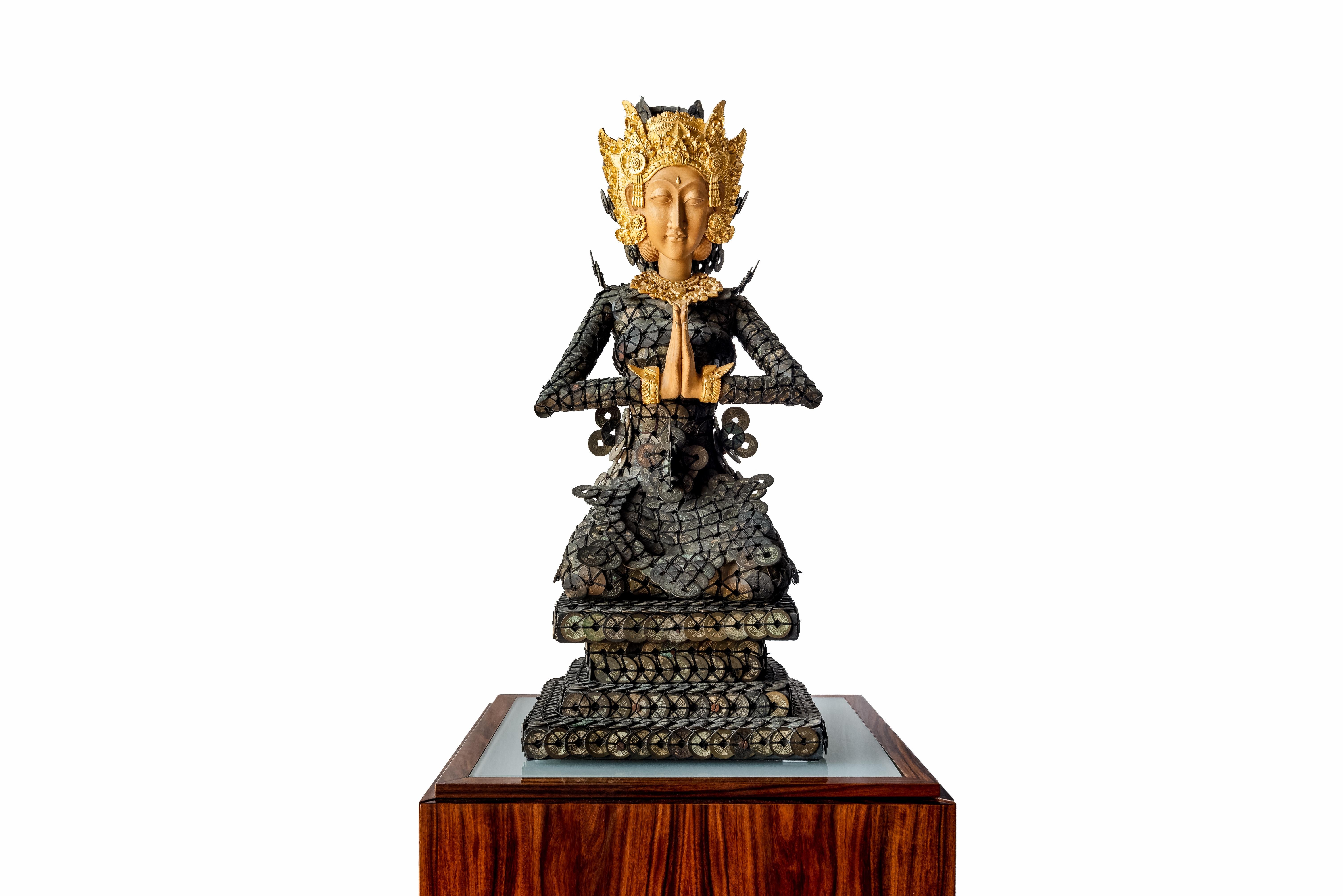 Indonesian 20th Century Figurative Dewi Sri Statue Qing Dynasty Copper Coins and Gold Wood