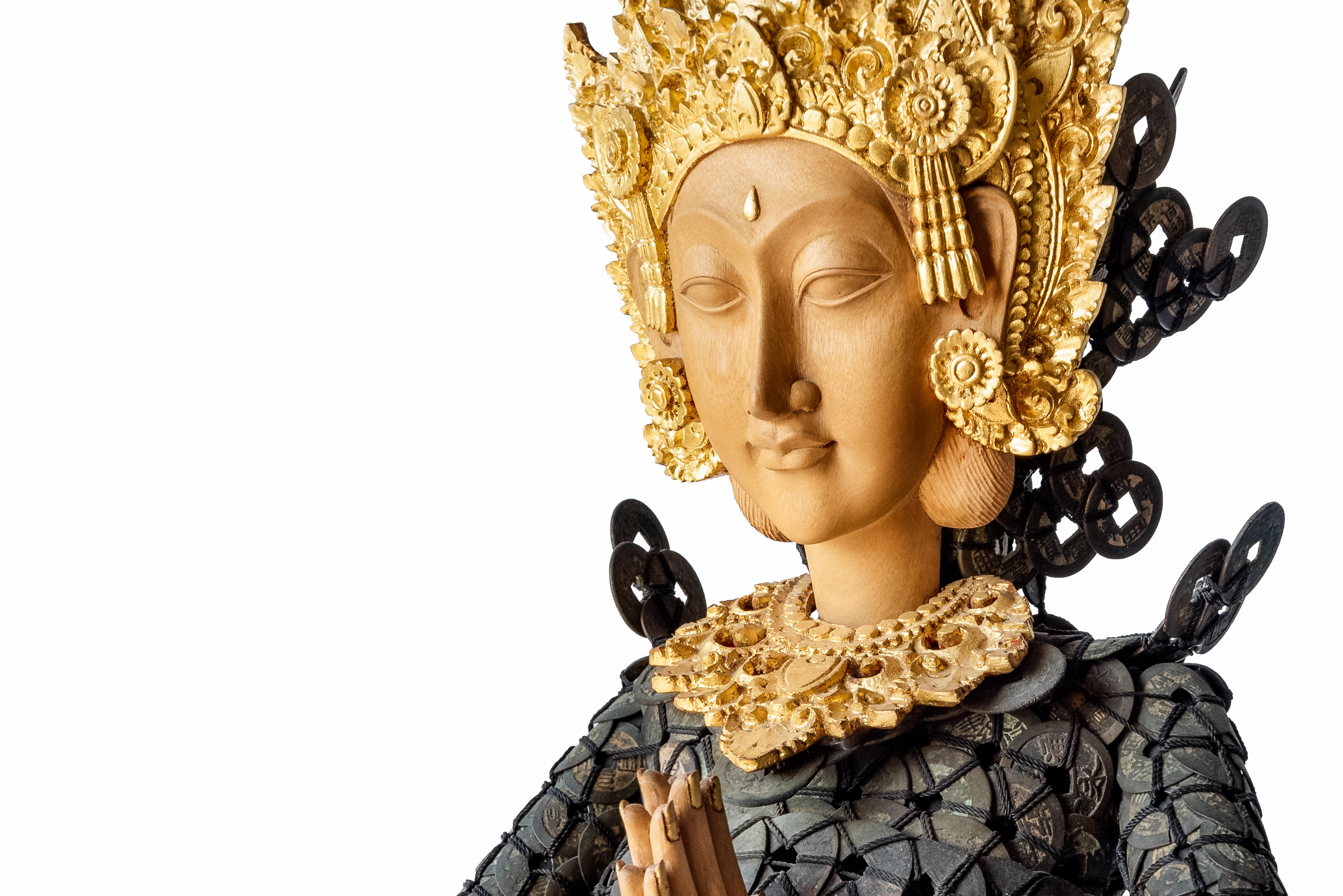 Hand-Carved 20th Century Figurative Dewi Sri Statue Qing Dynasty Copper Coins and Gold Wood