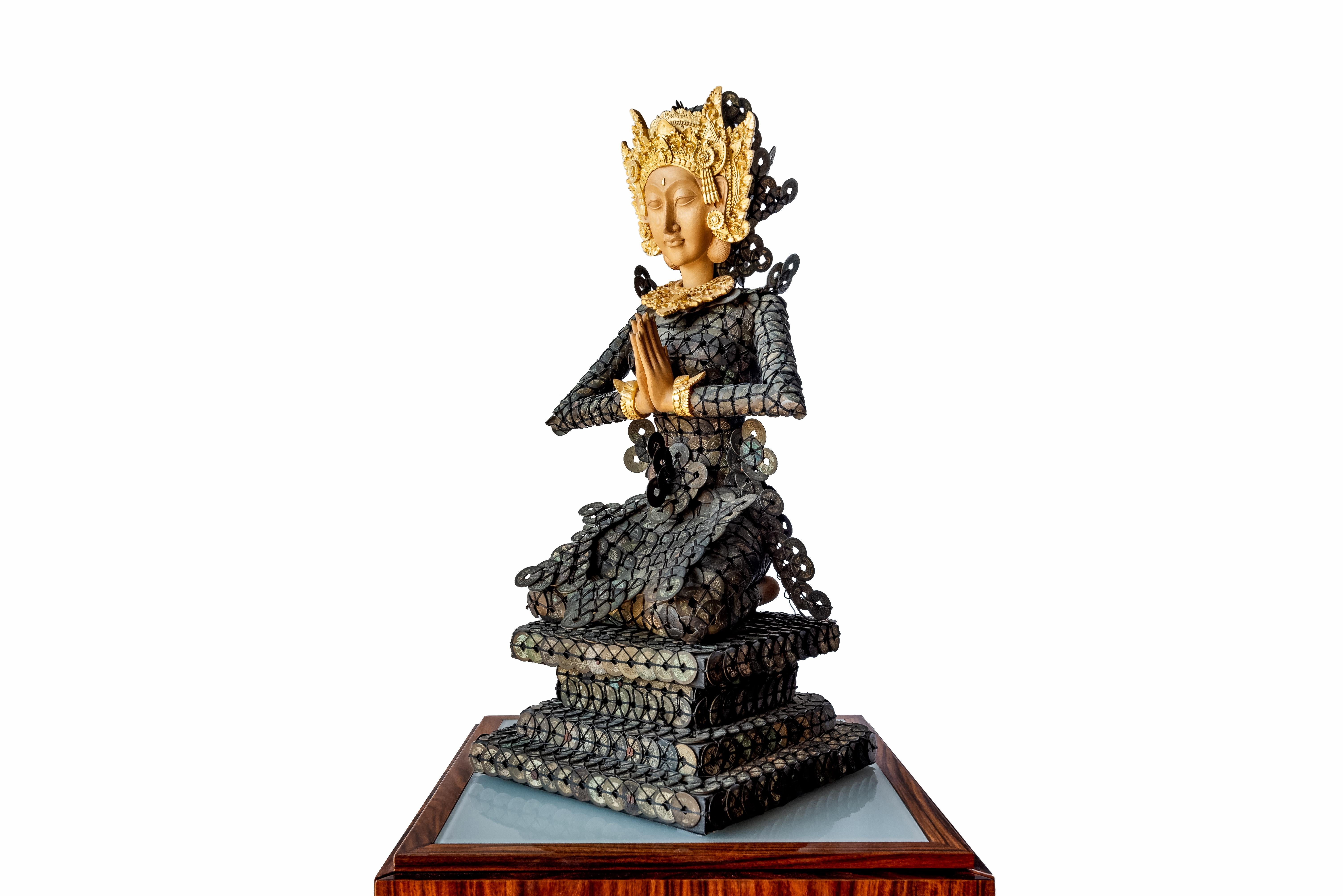 Late 20th Century 20th Century Figurative Dewi Sri Statue Qing Dynasty Copper Coins and Gold Wood