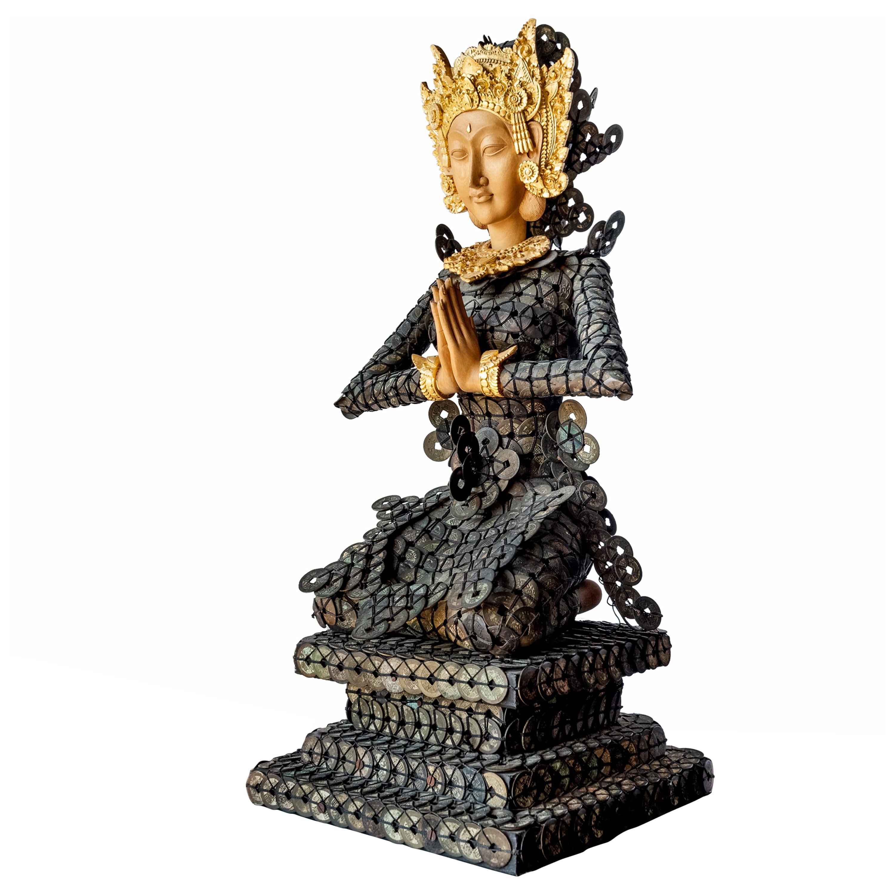 20th Century Figurative Dewi Sri Statue Qing Dynasty Copper Coins and Gold Wood