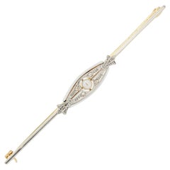 Antique 20th Century Fine Pearl Diamonds 18 Karat Yellow Gold Bar Brooch