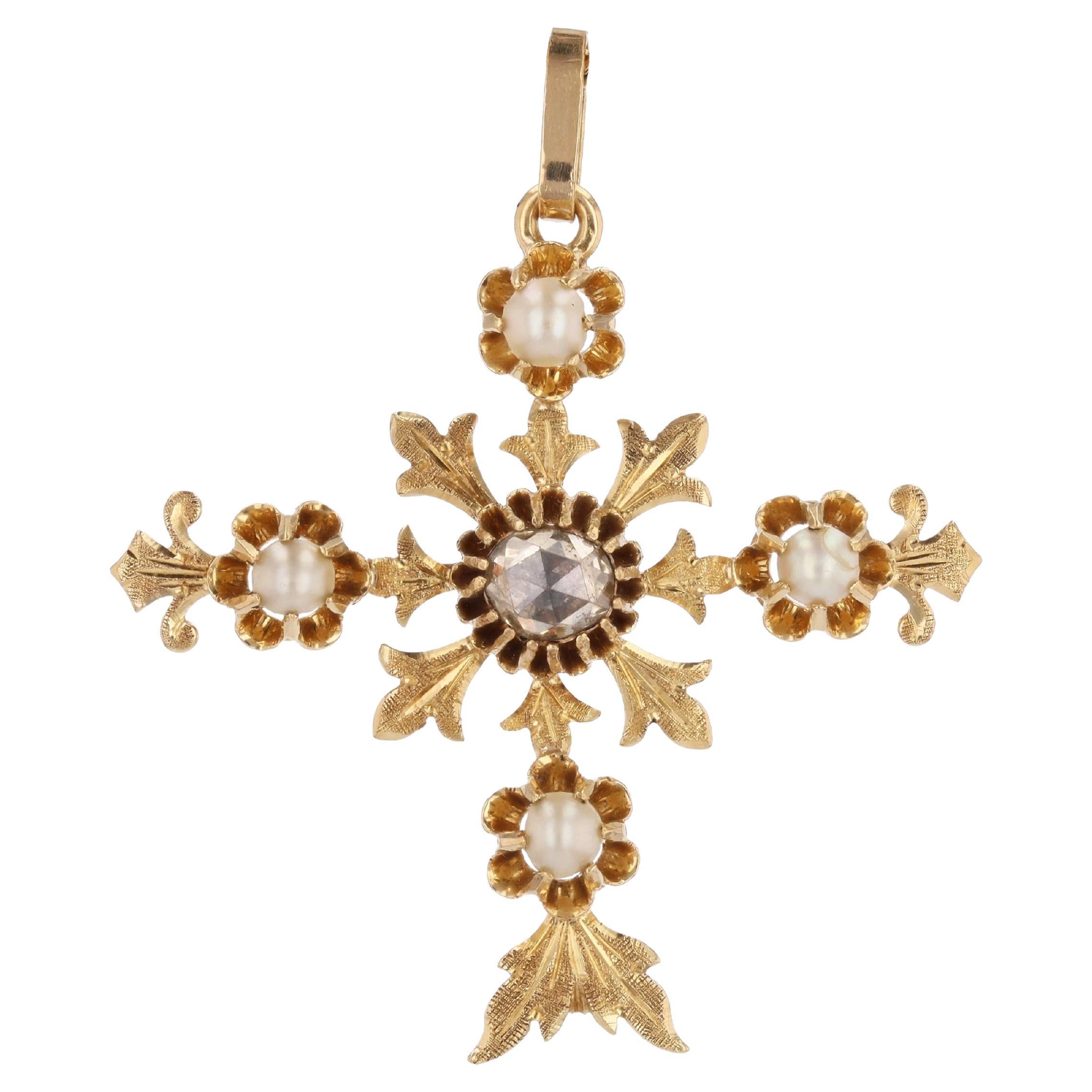 20th Century Fine Pearl Diamonds 18 Karat Yellow Gold Cross Pendant