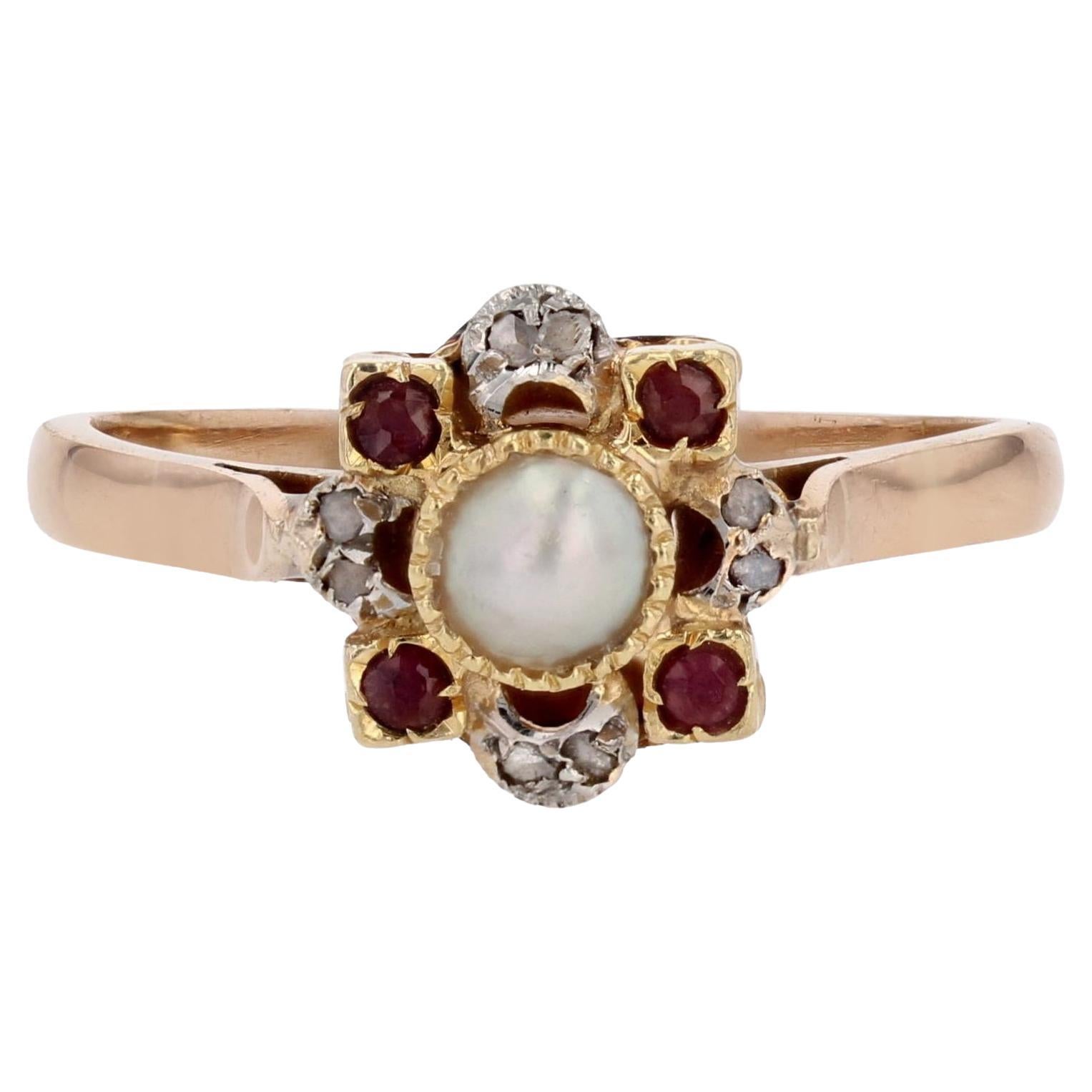 Flake-Ring aus 18 Karat Gelbgold mit feinen Perlen, Diamanten und Rubinen aus dem 20. Jahrhundert