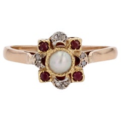 Antique 20th Century Fine Pearl Diamonds Rubies 18 Karat Yellow gold Flake Ring