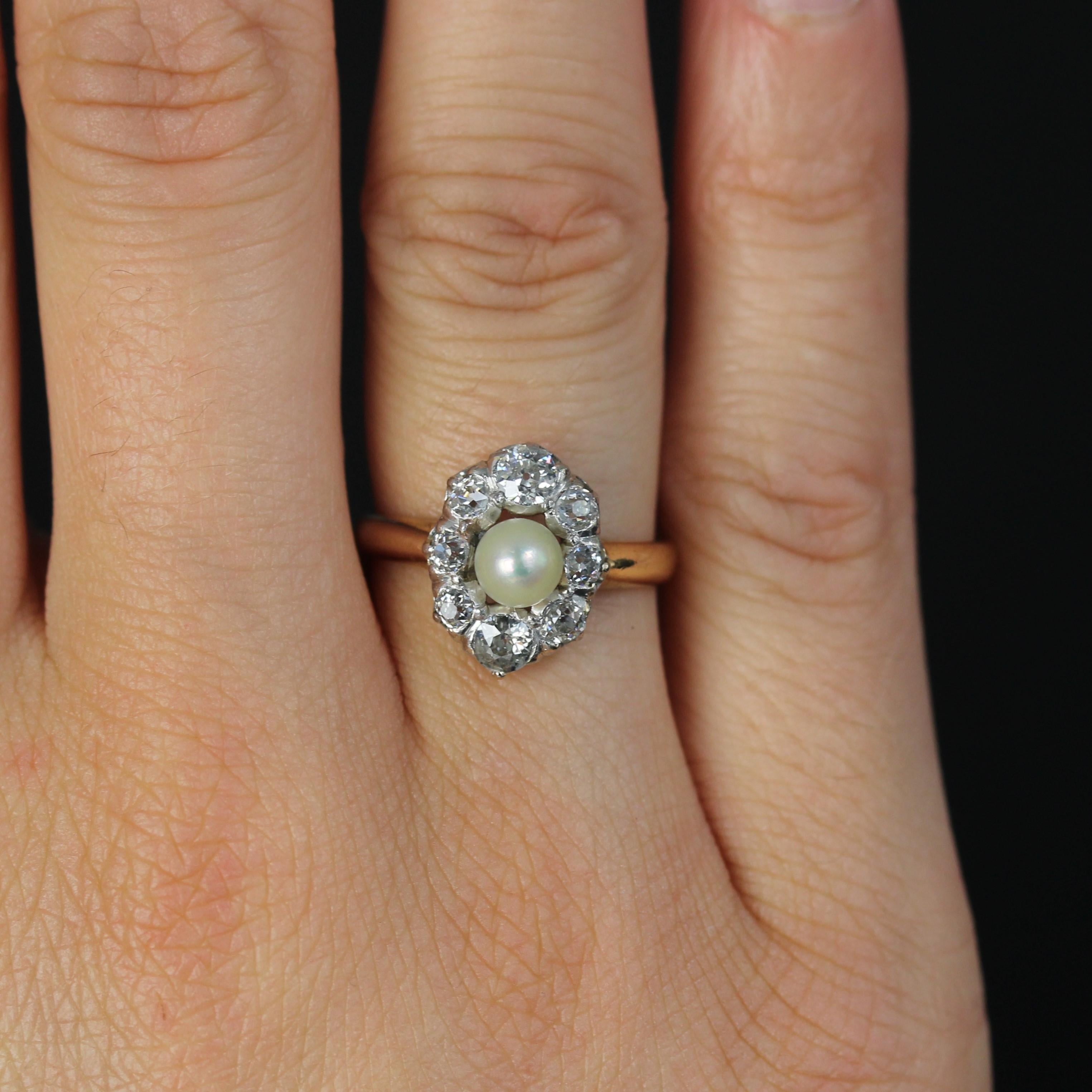 20th Century Fine Pearl Diamonds Yellow gold Platinum Marquise Ring For Sale 4