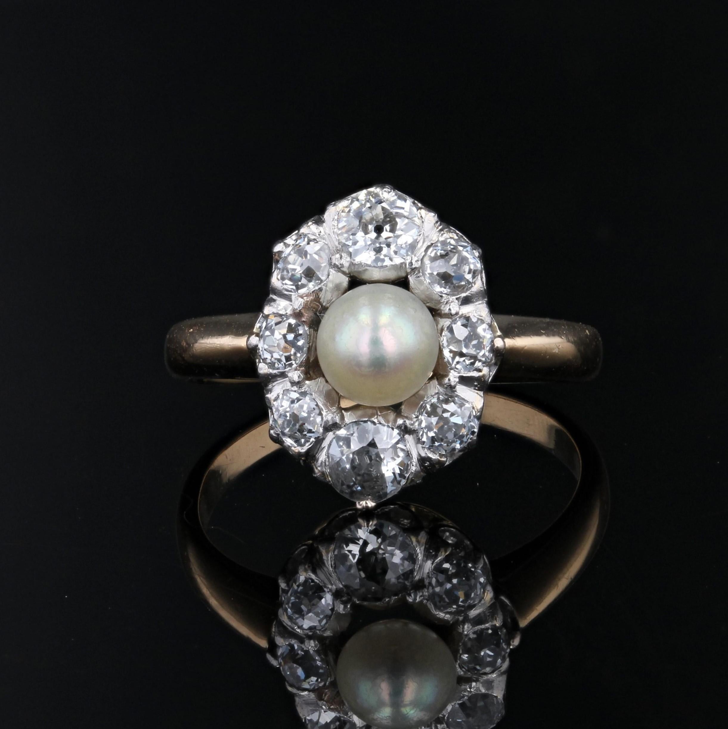 Marquise-Ring aus Gelbgold und Platin mit feinen Perlen und Diamanten aus dem 20. Jahrhundert (Belle Époque) im Angebot