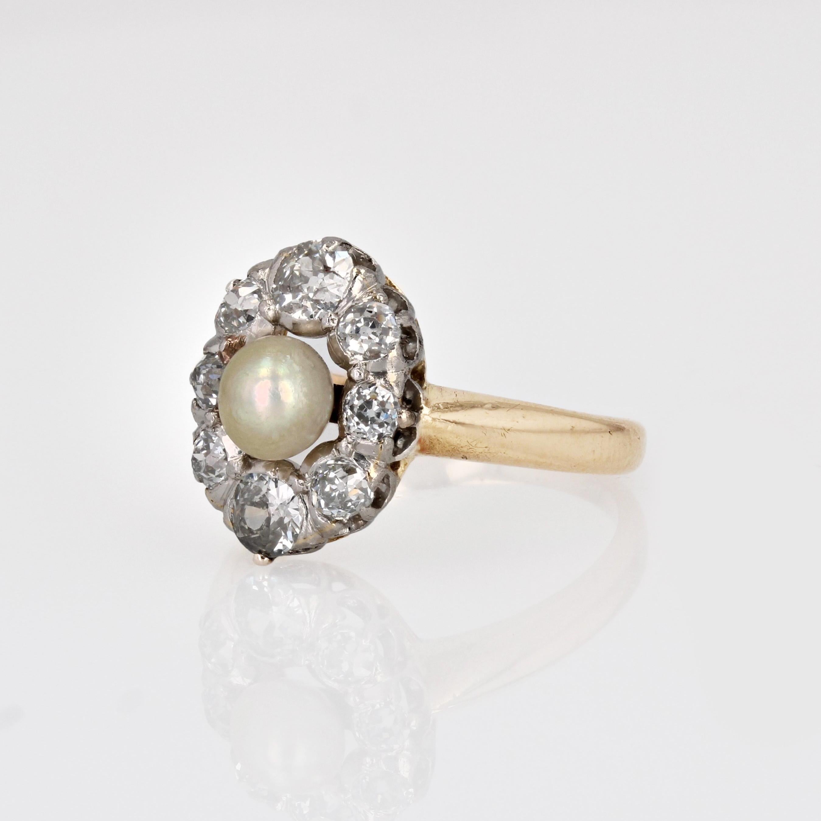 20ème siècle Bague Marquise en or jaune Platine Perle fine Diamants Pour femmes en vente