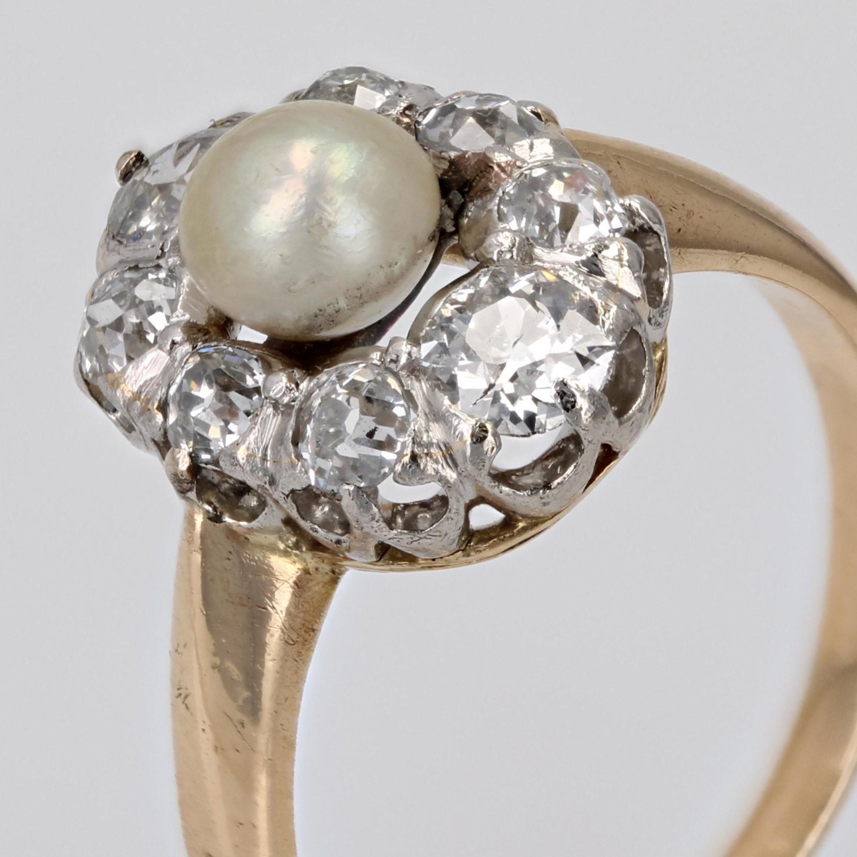 20th Century Fine Pearl Diamonds Yellow gold Platinum Marquise Ring For Sale 1