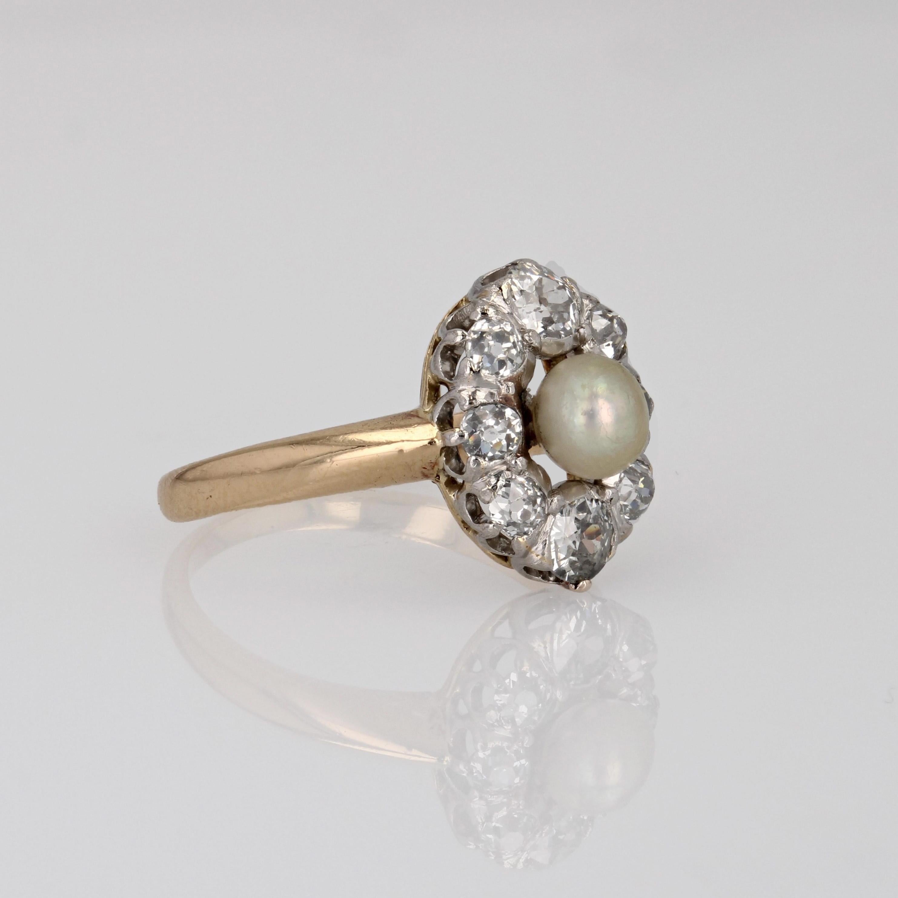 20th Century Fine Pearl Diamonds Yellow gold Platinum Marquise Ring For Sale 2