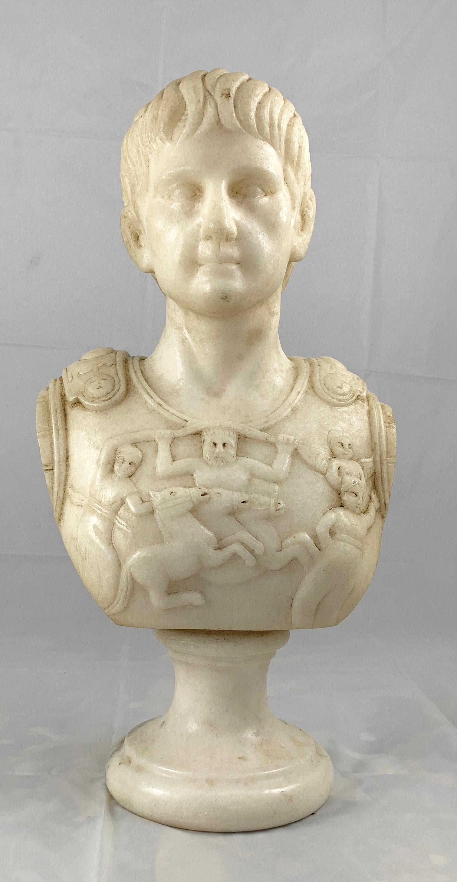 A fine white marble bust of a Roman General. Finely carved with an ornate breast plate and supported on a turned socle.