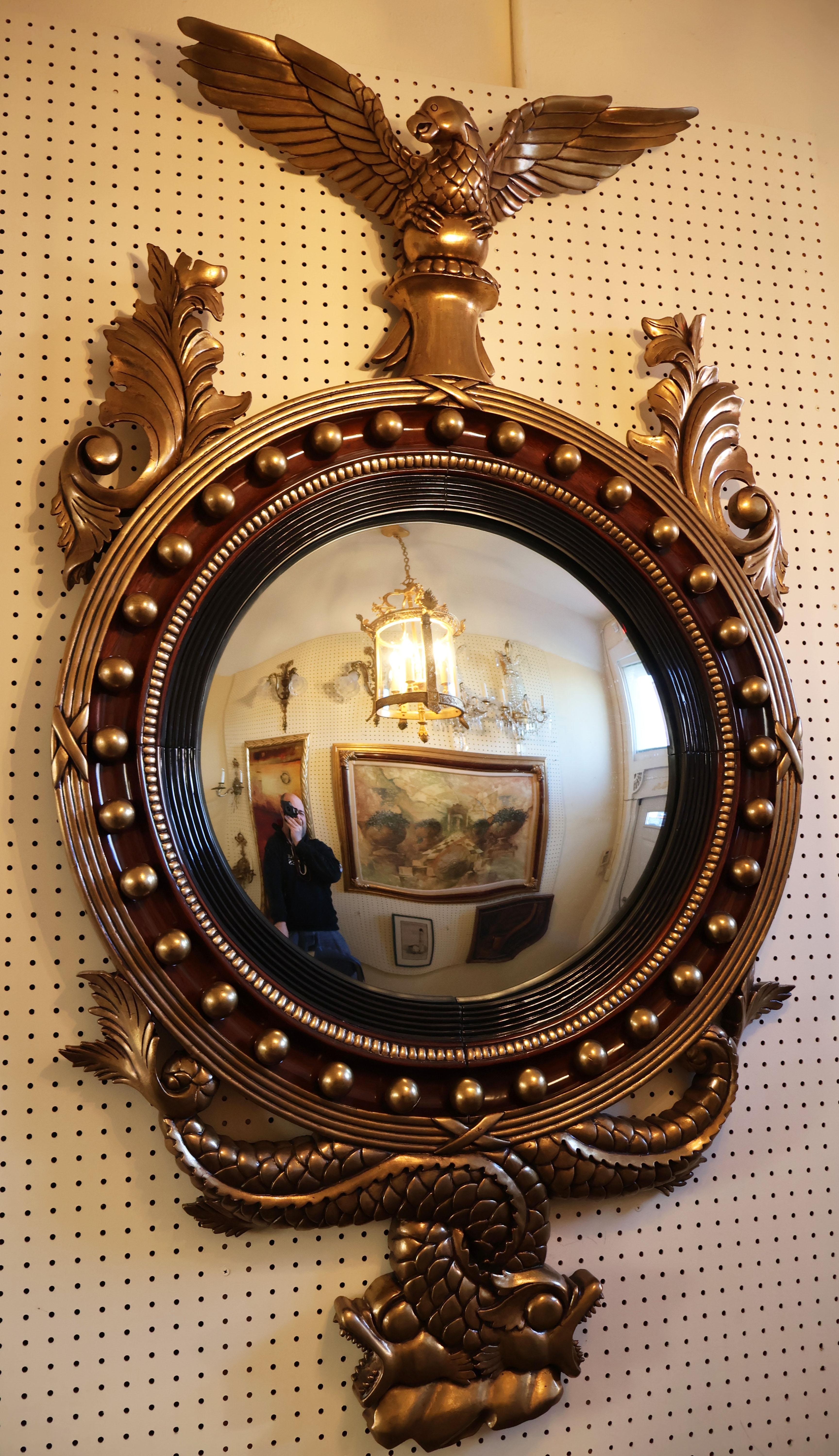 ​20th Century Finely Made Monumental Gold Gilt & Mahogany Eagle Bullseye Mirror

Dimensions : 62