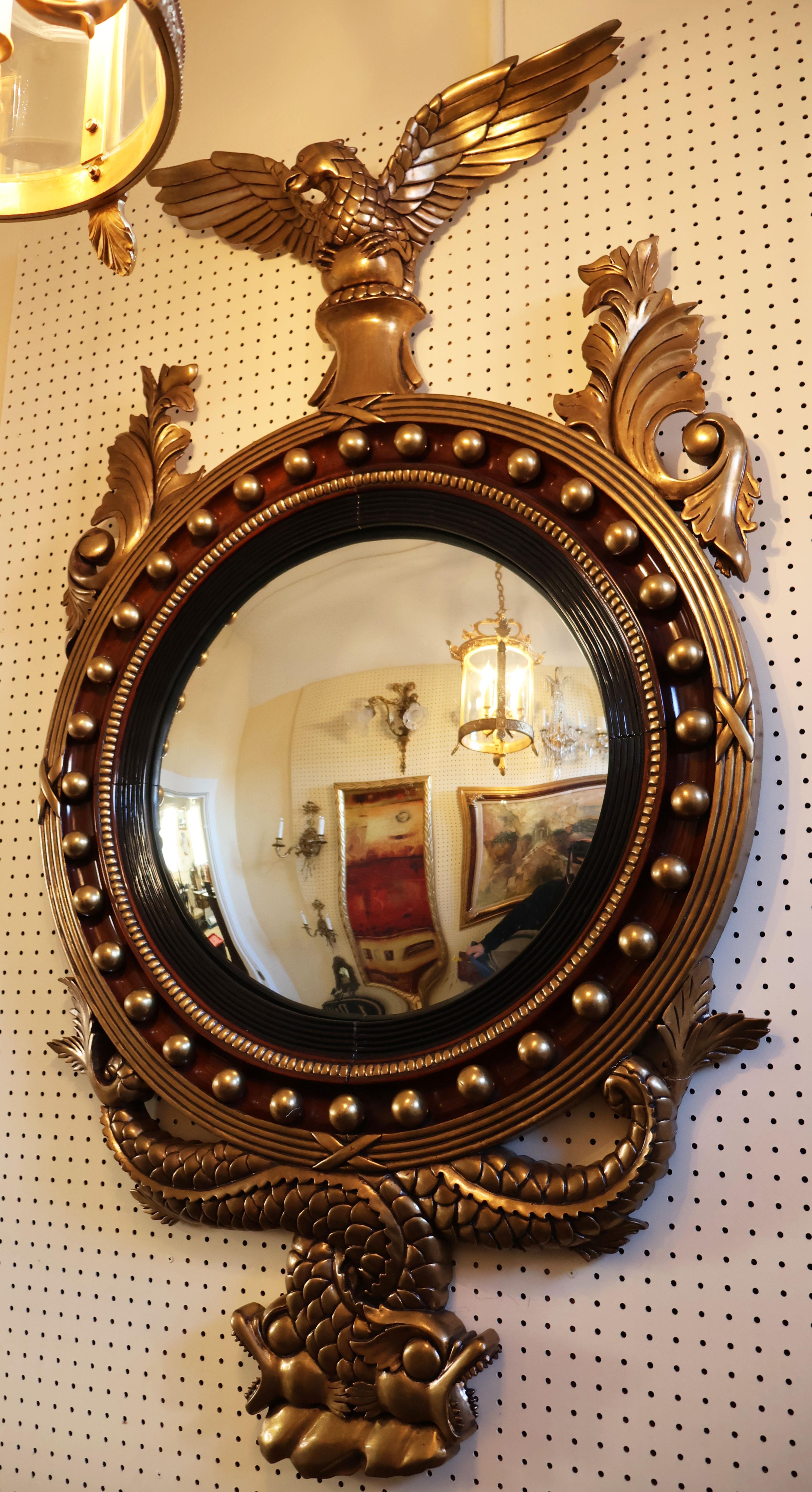 Regency 20th Century Finely Made Large Gold Gilt & Mahogany Eagle Bullseye Mirror For Sale